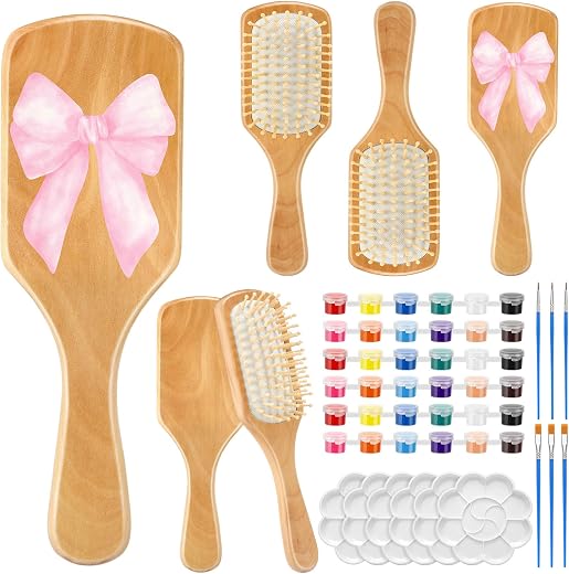 Meanplan 6 Set DIY Wooden Hairbrush Set with Acrylic Paint Brush and Palette Make Your Own Hair Brush Detangle Tail Comb f...