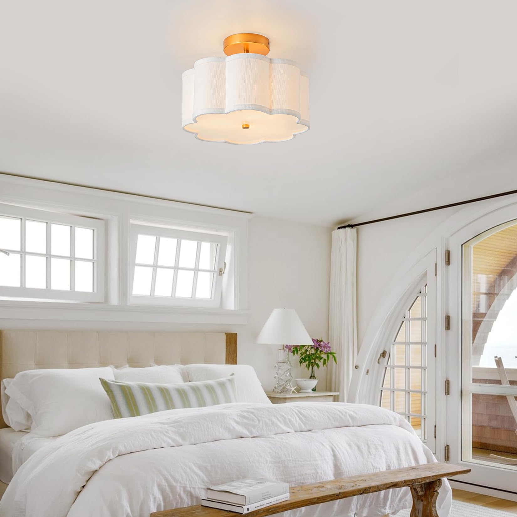Bargeni 16” Semi Flush Mount Ceiling Light – Modern Wood Drum With Fabric Shade, Brushed Gold Frame, For Living Room, Bedroom, Kitchen