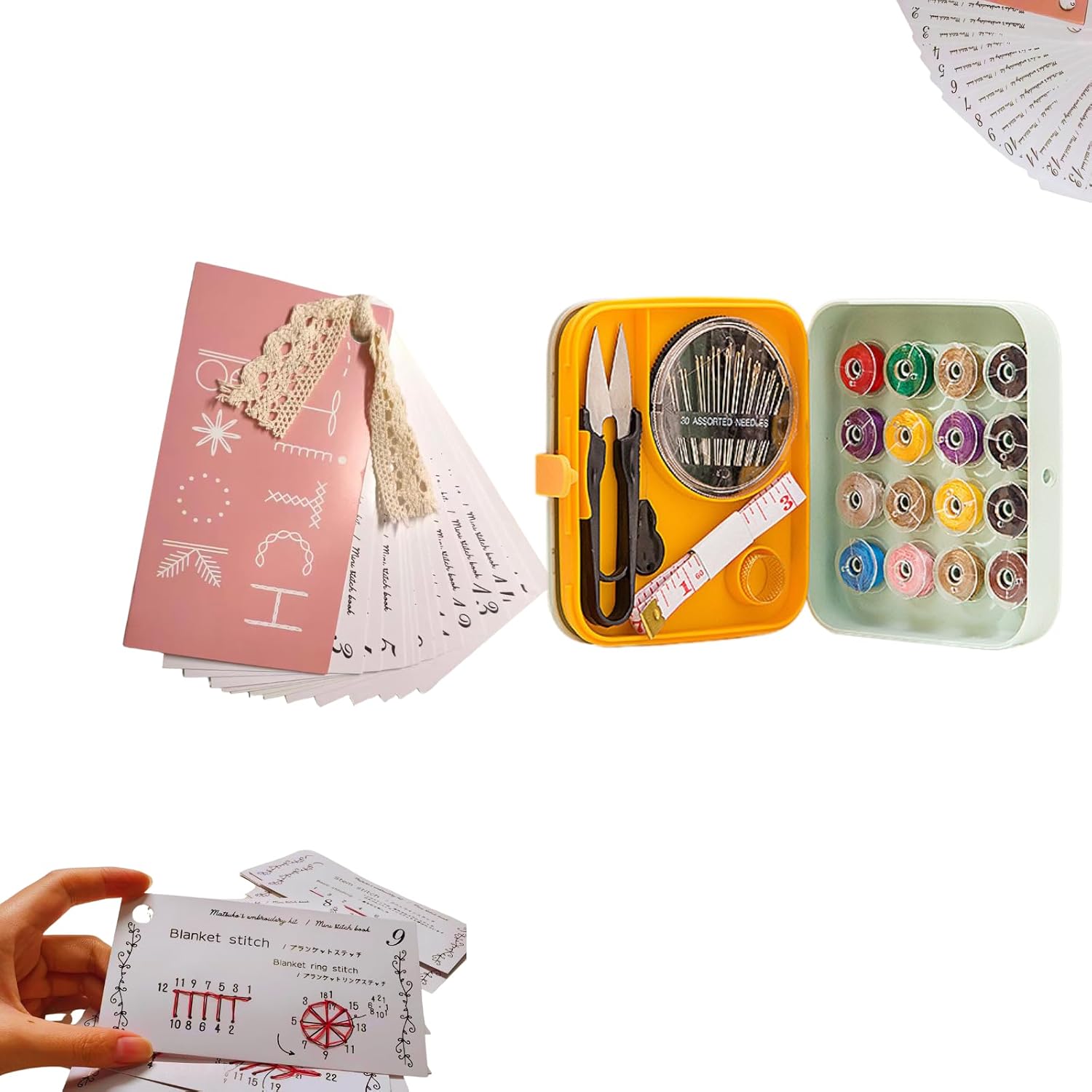 Creative Mini Sewing Book, DIY Embroidery Skills Books, Portable Creative Mini Embroidery Stitches Book with Needle and Thread Box, for Beginners with Video Tutorials (Style B)