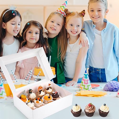 Miniatura 21 de VGOODALL 12 cajas para cupcakes, 6 soportes para cupcakes de Halloween con ventana, cajas de pastelería negras para cumpleaños, vacaciones, Negro