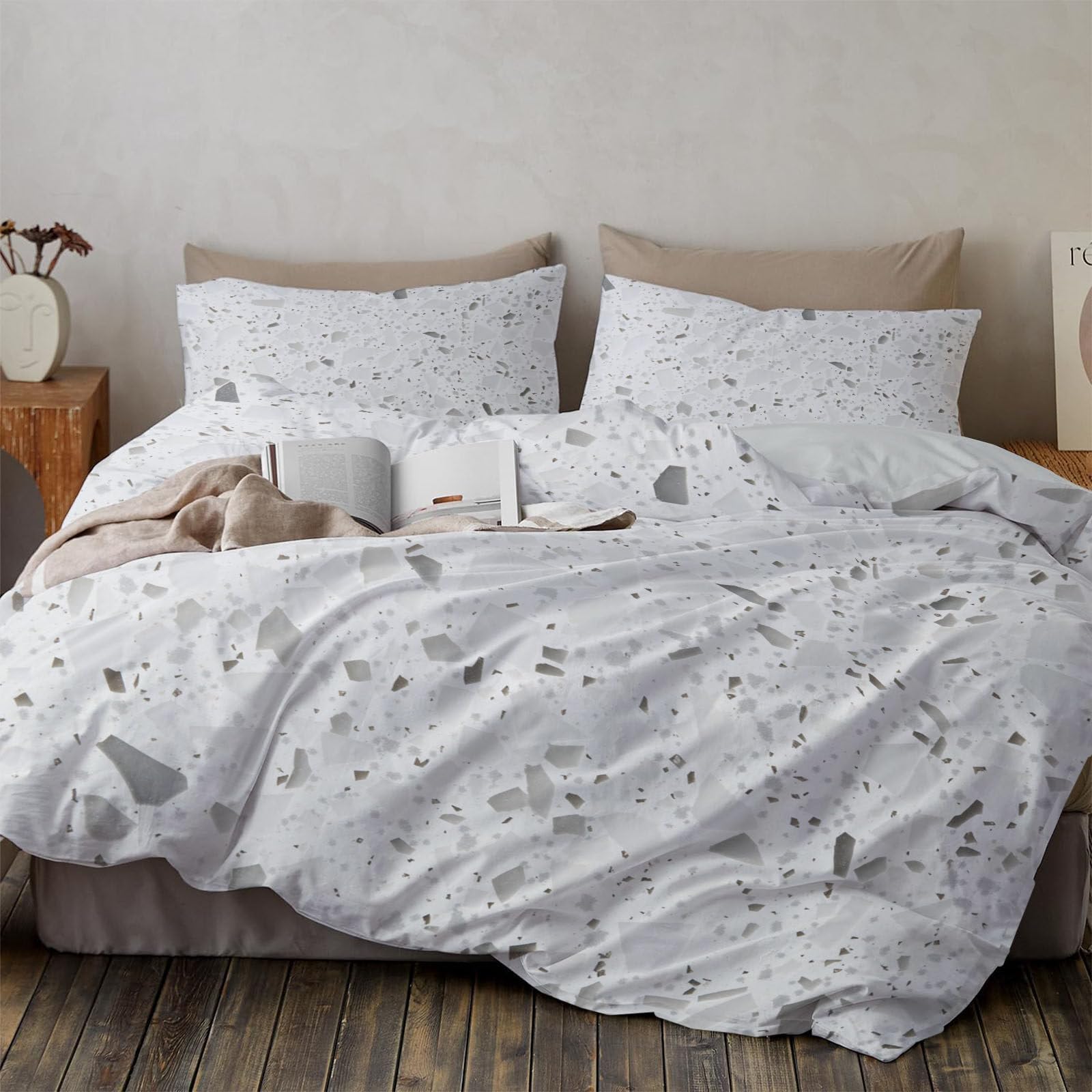 Housse de couette 140x200 parure de lit microfibre terrazzo blanc avec zip