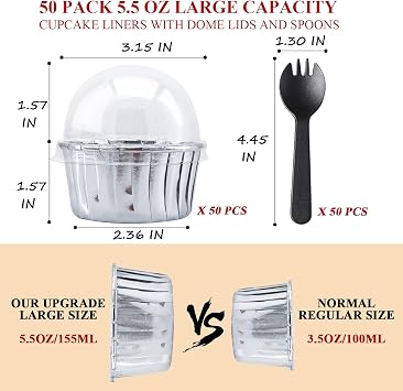 50 Pack Foil Cupcake Liners with Dome Lids,LNYZQUS 5oz Large Cupcake Cups,Disposable Muffin Tins Ramekins Pans Baking Cups Wrappers Holders-Silver