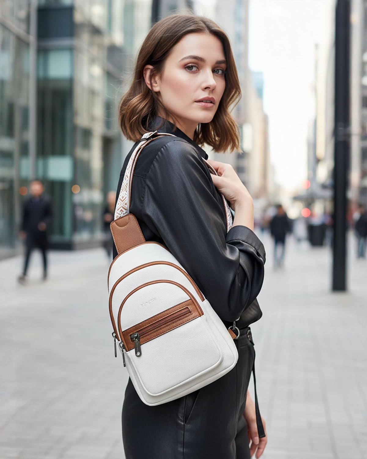 FADEON Sling Bag for Women, Designer Small Crossbody Bags Vegan Leather RFID Fanny Pack Tri-Zip Sling Backpack for Travel