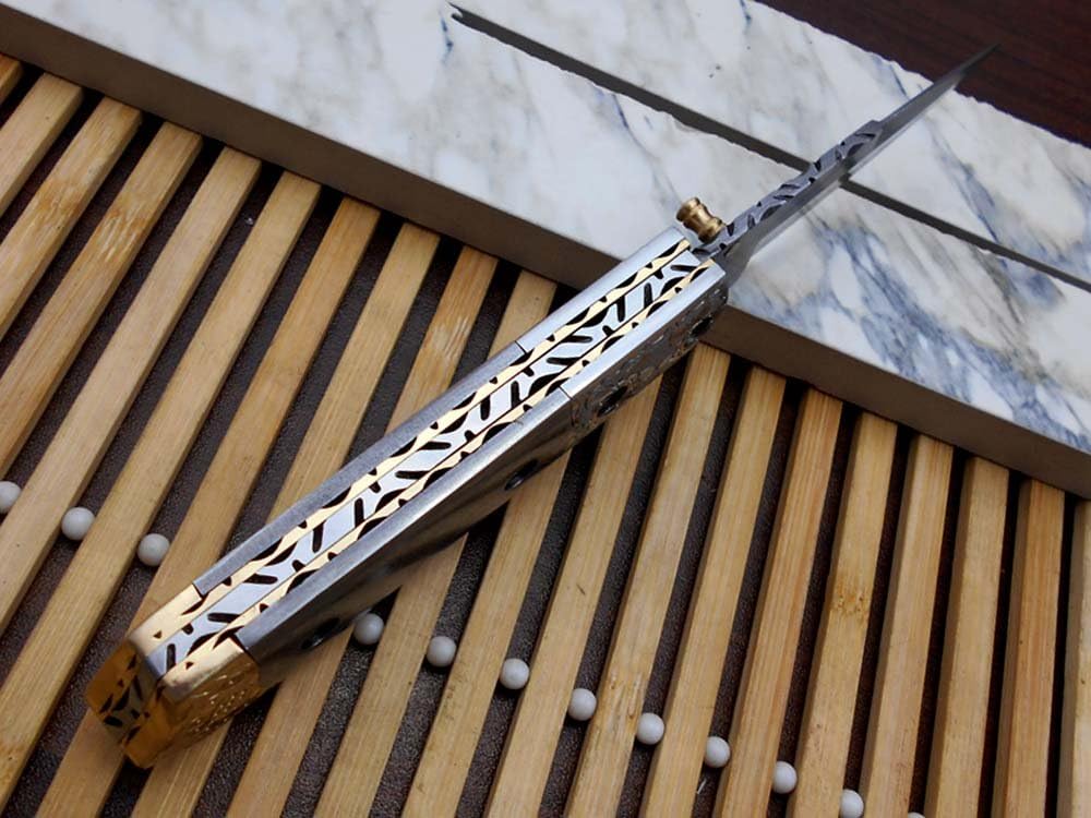 7.5" Long Folding Knife Damascus Steel Blade and Scale with Engraved Brass, 3" Hand Forged Blade with Thumb knob, Cow Hide Leather Sheath