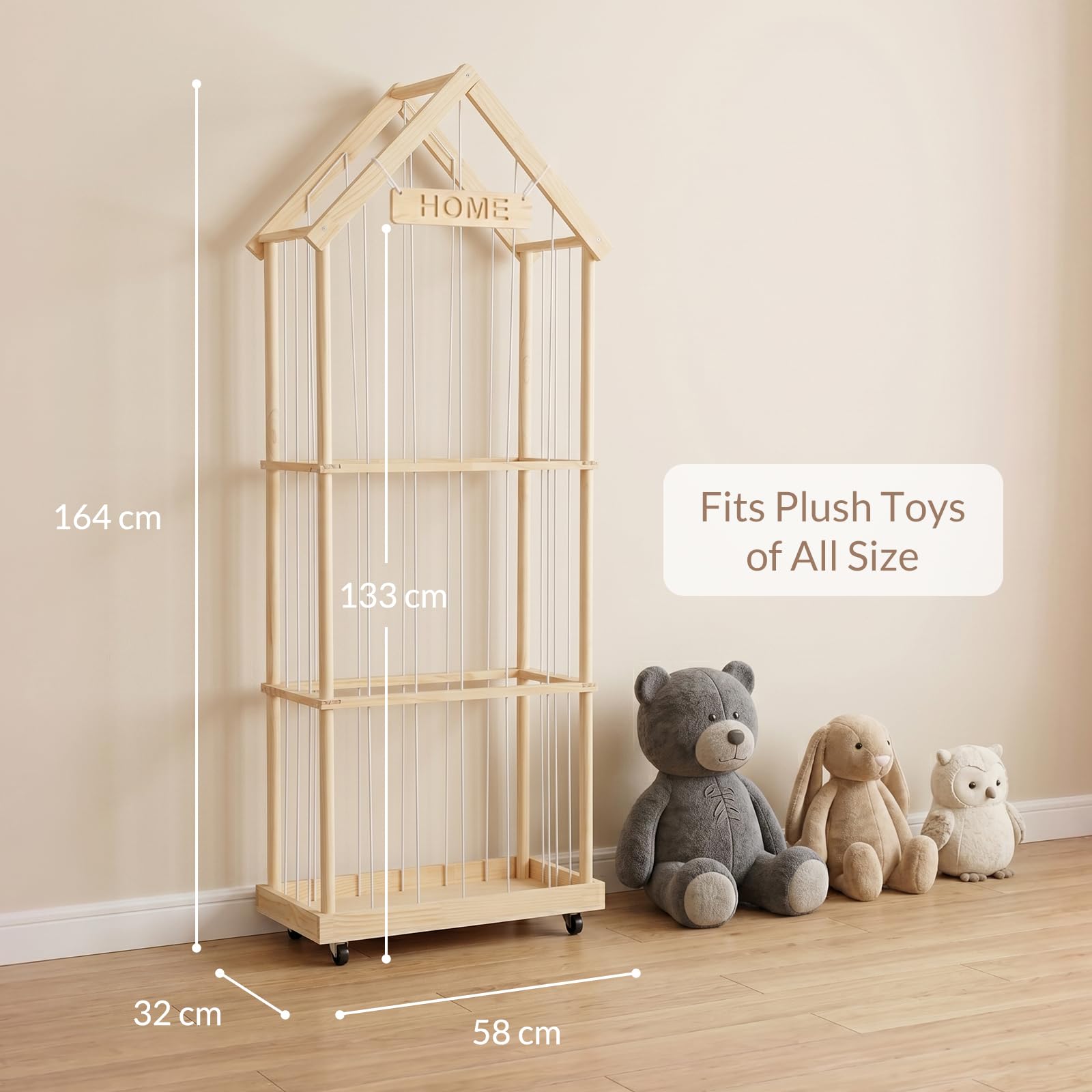 Todeco Organizador Peluches 164x32x58 cm 3 Niveles con Ruedas 360° | Espacio Extra, De Madera, Ahorro de Espacio para Dormitorio y Sala de Juegos