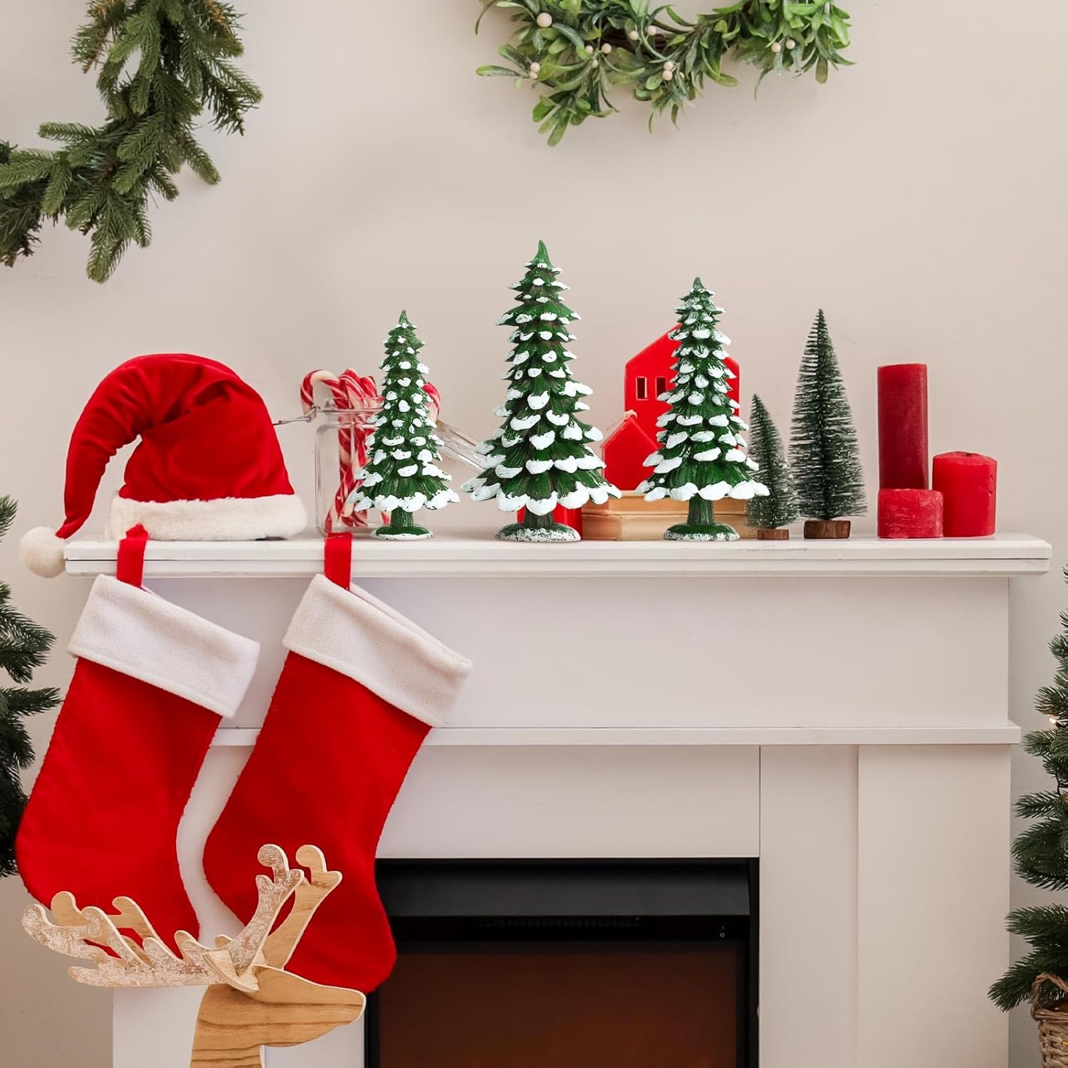 Shellwei 3 Pcs Christmas Tree Tabletop Decorations Winter Snow Resin Sign Ornament Tabletop White Resin Christmastree Centerpiece for Xmas Indoor Home Office Holiday Decoration