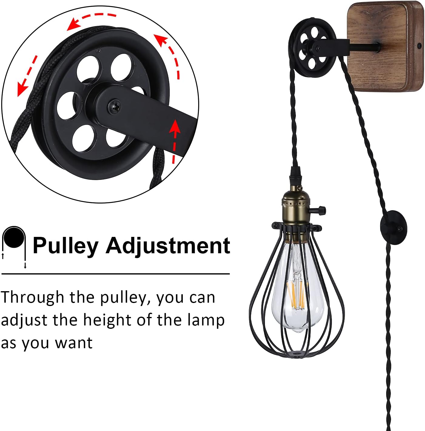 Industrial Wire Cage Plug in Wall Sconces, Black Rustic Hanging Wall Light Fixture Lift Pipe Pulley with Wood Base, On Off Toggle Switch Pendant Lamp Decoration for Reading Living Room Bedroom