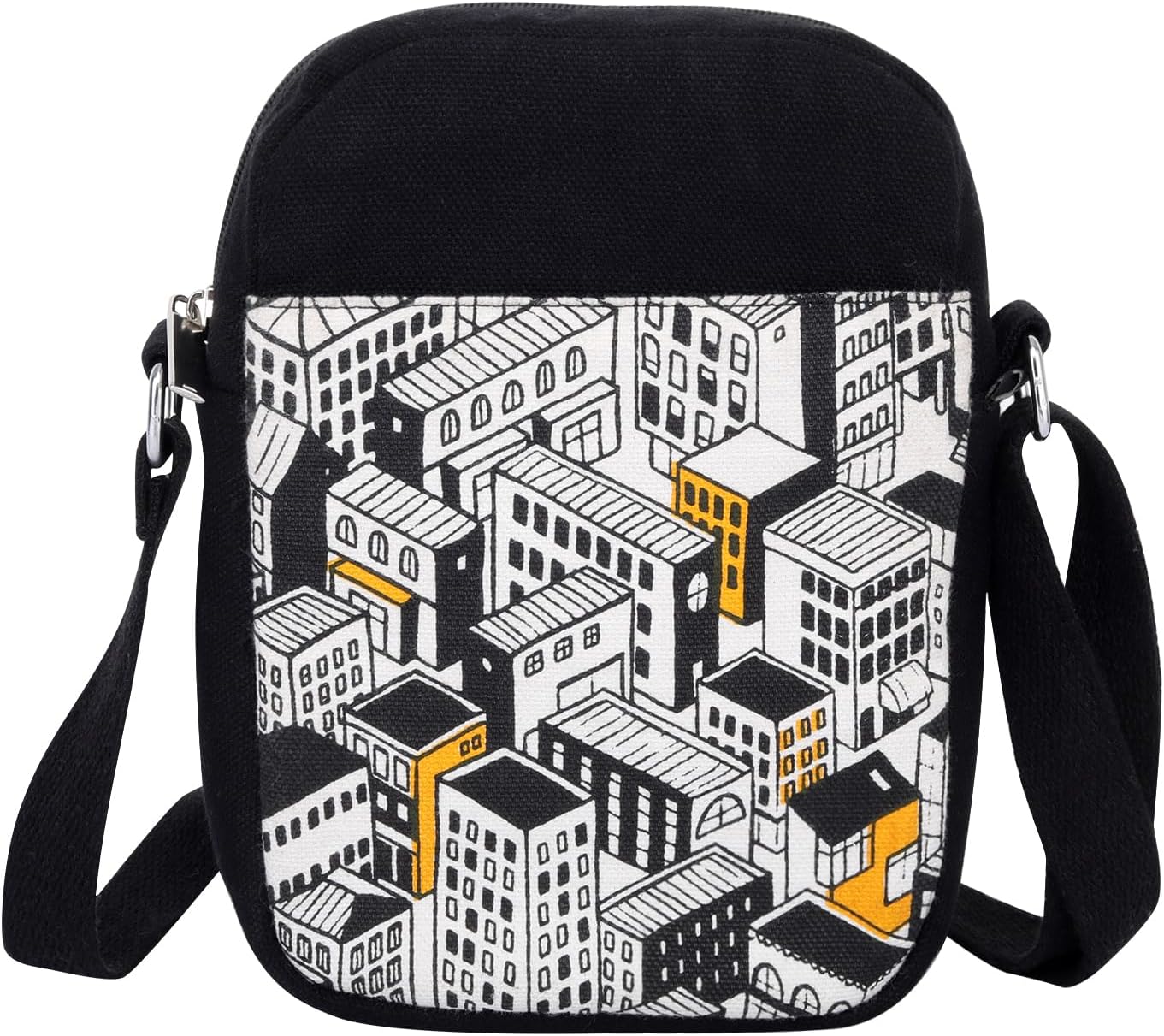 Canvas Mobile Cross Body Black Sling Bag for Men & Women,100% Cotton, Embroidery, Zip Closure, Pocket, Adjustable Strap, Compact Everyday Bag - City (Black & White), Black