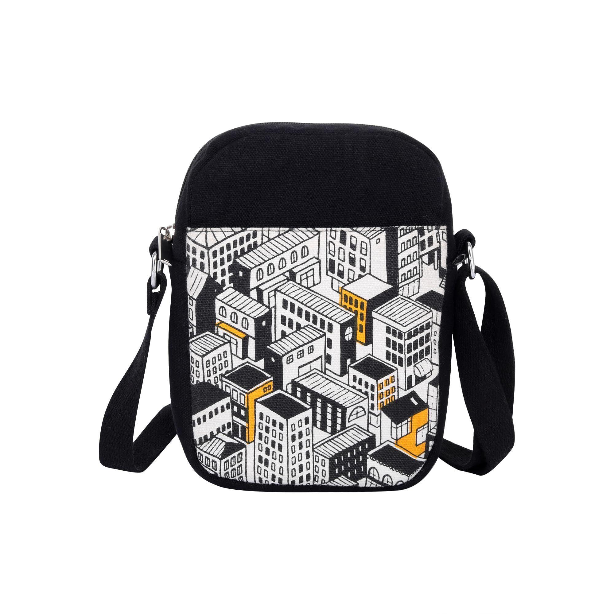 Canvas Mobile Cross Body Black Sling Bag for Men & Women,100% Cotton, Zip Closure, Pocket, Adjustable Strap, Compact Everyday Bag - City (Black & White)-image-42