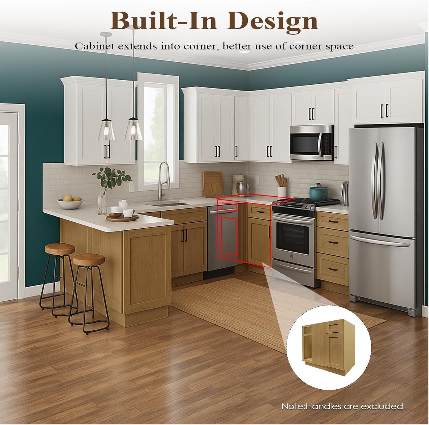 Kitchen Blind Corner Cabinet, 42" Corner Base Cabinet with 1 Adjustable Shelf, 1 Soft Close Door and Drawer, Built in Left or Right Kitchen, Unassemble (White Oak and MDF Door, 42" W)