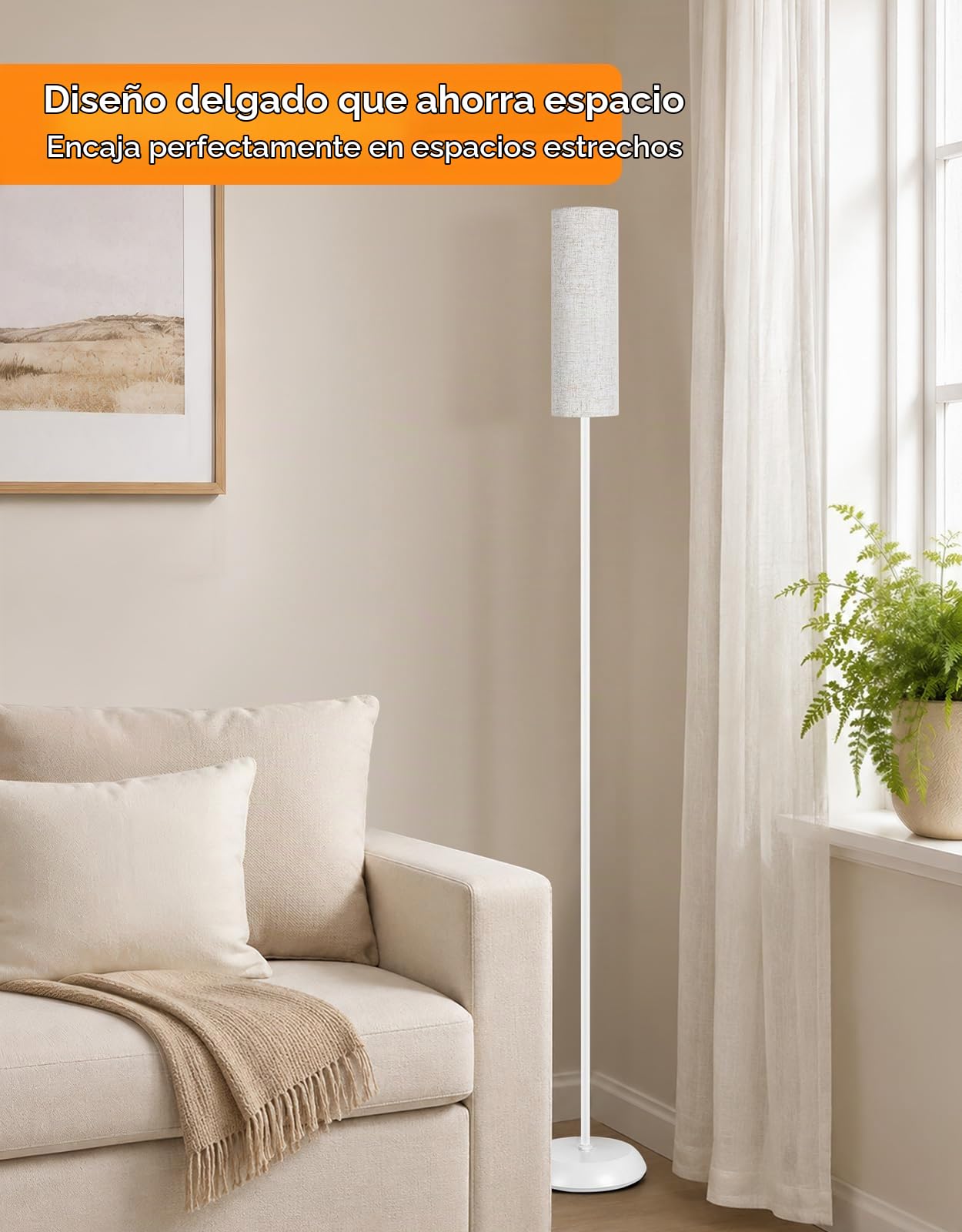 OUTON Lámpara de Pie Moderna de Metal con Pantalla de Lino, Blanco | Dormitorio