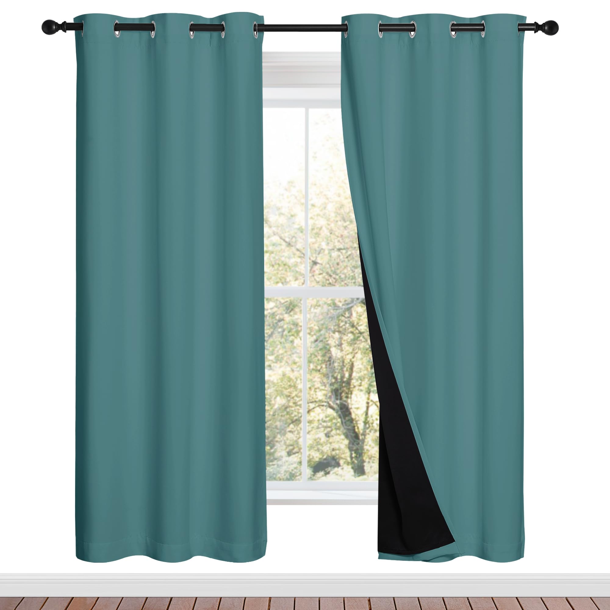 NICETOWN 100% Blackout Window Curtain Panels, Sea Teal, 2 Pieces, 42-inch Wide Per Panel, Full Light Blocking Drapes with Black Liner for Nursery, 72-inch Drop Thermal Insulated Draperies