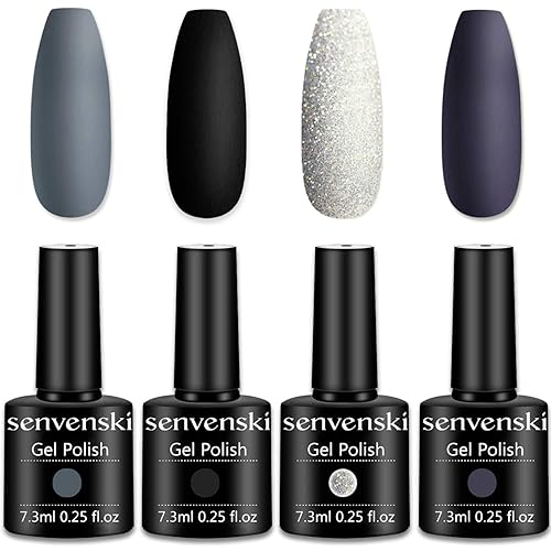 senvenski Kit de esmalte de gel gris y negro, juego de arte de uñas UVLED con purpurina blanca y colores de peltre carbón oscuro y morado oscuro