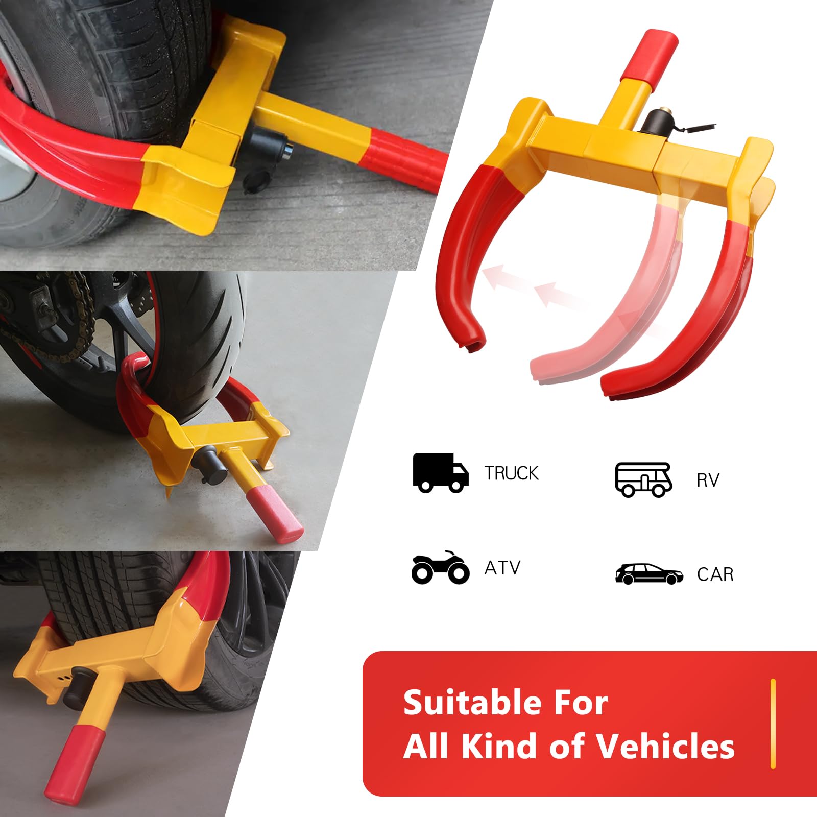 MaySpare Universal Wheel Lock, Heavy Duty Tire Lock, Automotive Anti-Theft Lock for Cars, SUVs, Motorcycles, Golf Carts, Bright Color for Deterrence, with 3 Locks (Yellow-Red), LOCK-5-RED