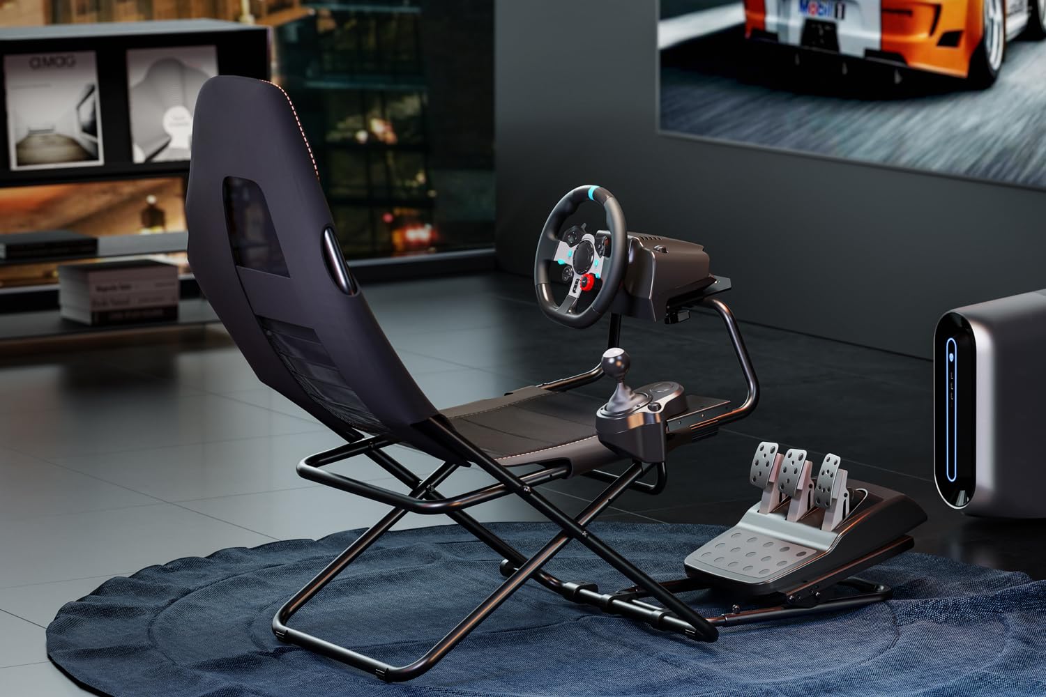 Indeca Cockpit Simracing Corpus Racer GTR con Asiento Plegable | Soporte para Volante, Pedales y Palanca de Cambios | Estructura Ajustable y Estable