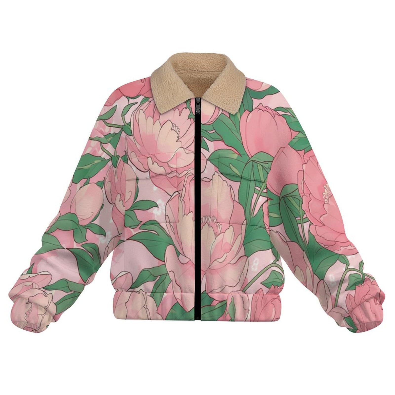 Donna Pile Stampa cartone animato Caldo con Cerniera, Giacca da Camera Invernale Corta Pile Giacche, Grazioso fiore peonia Cappotto In Peluche Sherpa Giubbotto Fleece Comoda