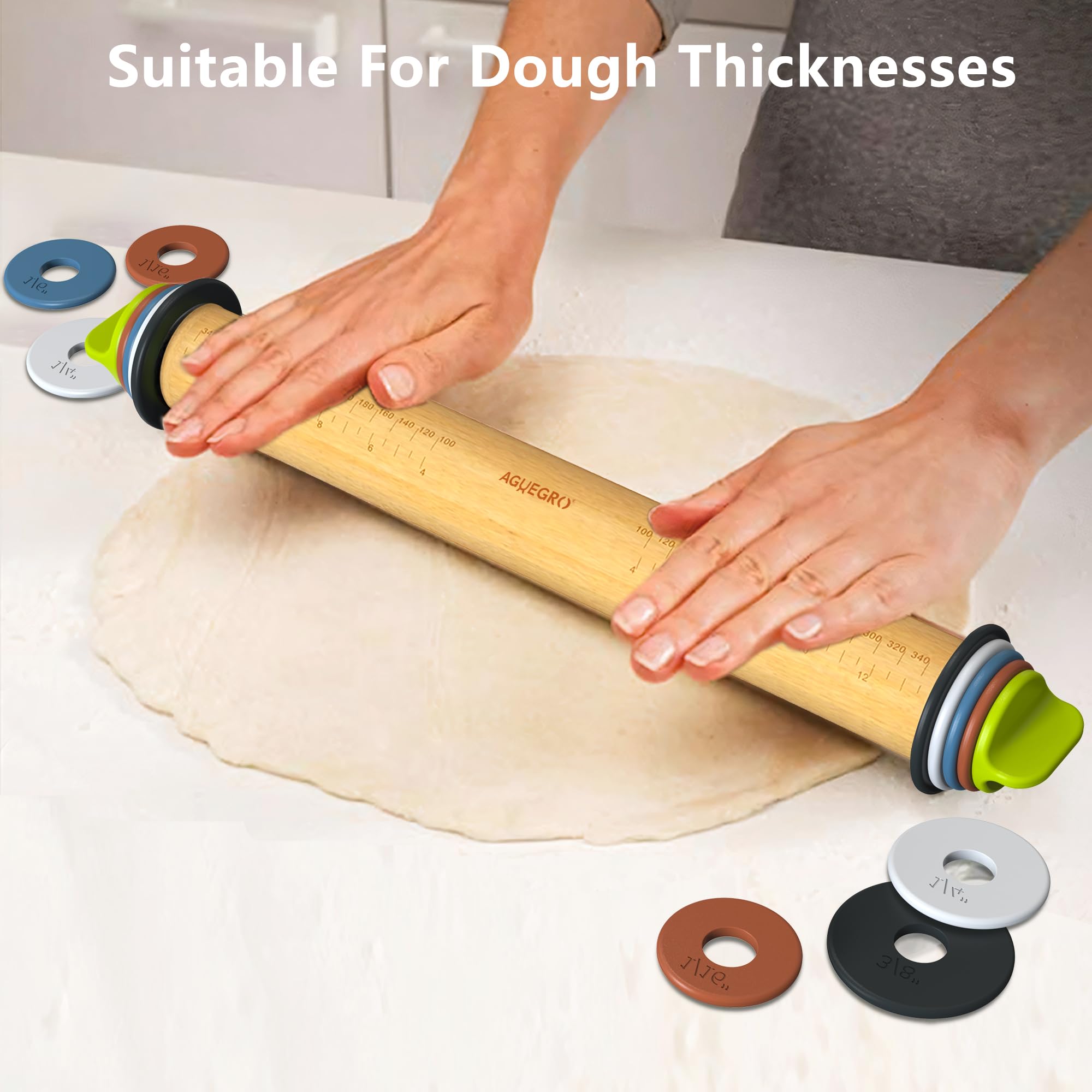 Nudelholz mit verstellbarem Dickenring und Silikon-Backmatte zum Backen, Fondant, Pizza, Kuchen, Kekse, Gebäck, 34 cm Teigroller aus Holz mit 4 mehrfarbigen Ringen