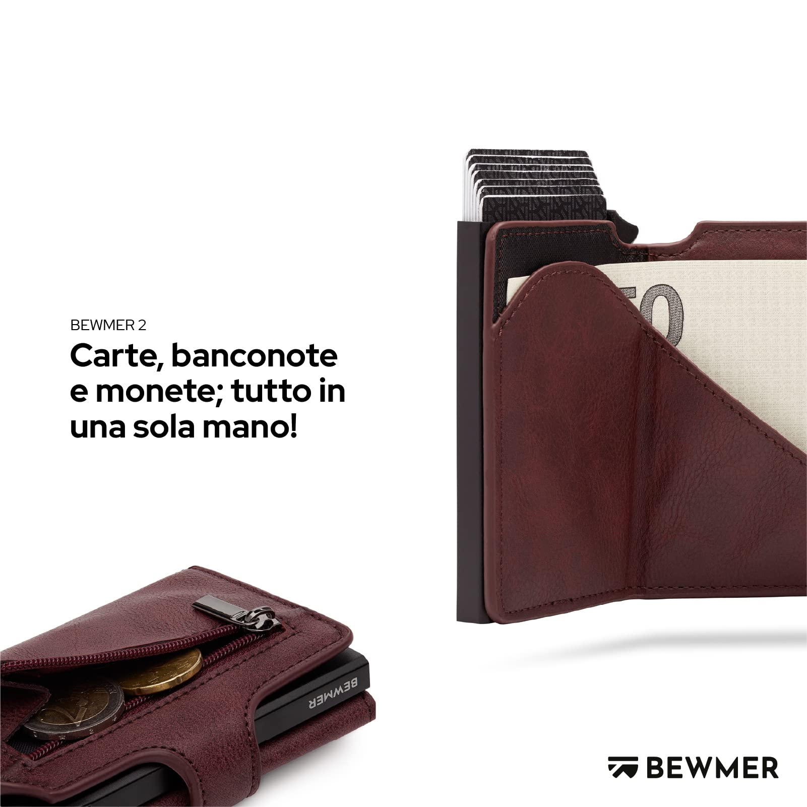 BEWMER Porta Carte di Credito 2 | Portafoglio Slim da Uomo e Donna con Rfid Protection Anticlonazione | Porta Tessere e Soldi con Portamonete