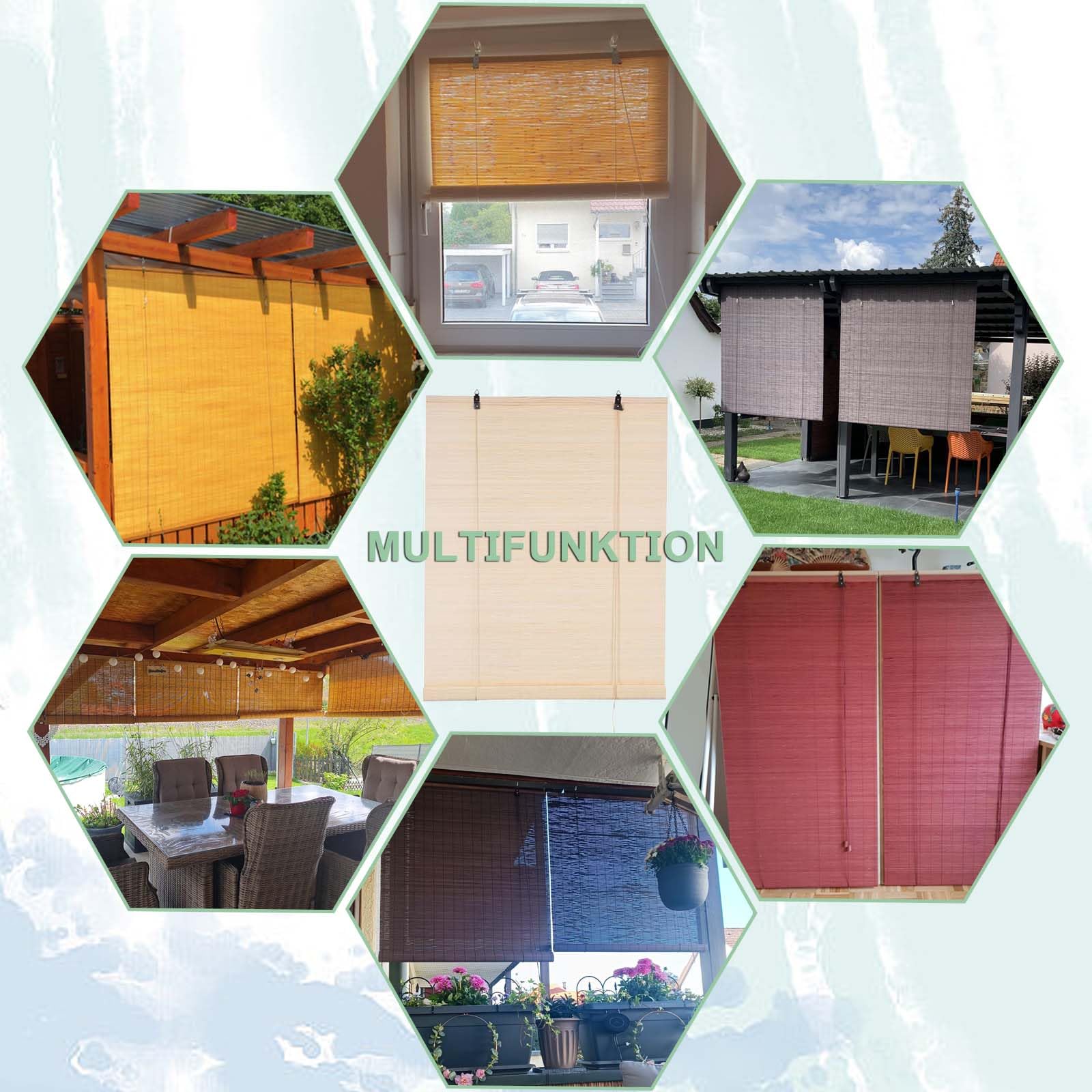 Bambusrollo Aussenbereich 60x200cm, Sonnenschutz Bambus Jalousie Inkl Montaematerial Holz Jalousie für Fenster und Türen - 60x200cm