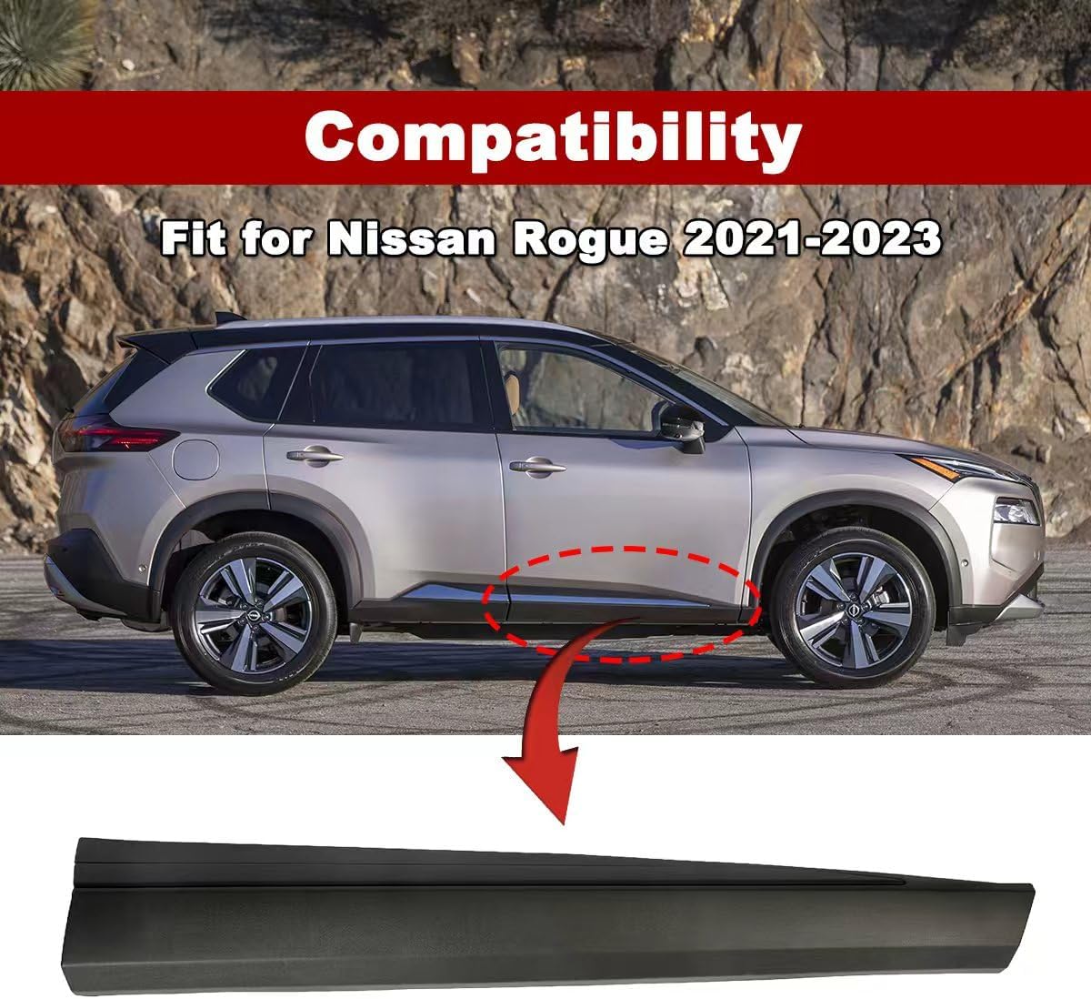 Driver Side Front Lower Door Trim Molding, Compatible with Nissan Rogue 2021-2023 (1.5L L3/2.5L L4), Replacement for# 80871-6RR0A 808716RR0A - Decorative Door Protection Panel (Front Right Door)