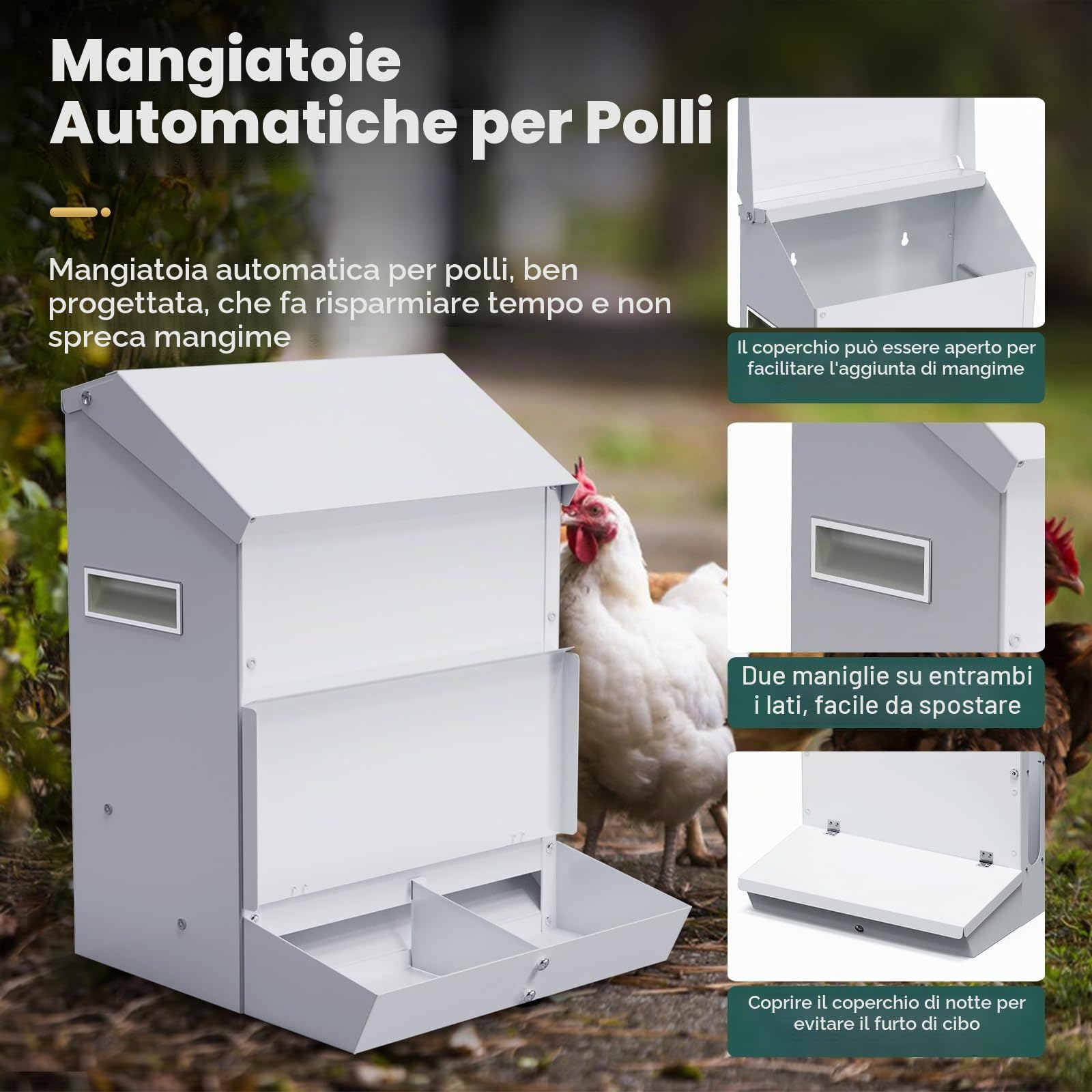 25LB Mangiatoia Automatica per Polli in Acciaio Inox Mangiatoia per Polli da Appendere Appesa con Pala e Coperchio Alimentatore Automatico per Pollame Galline Anatre Tacchini