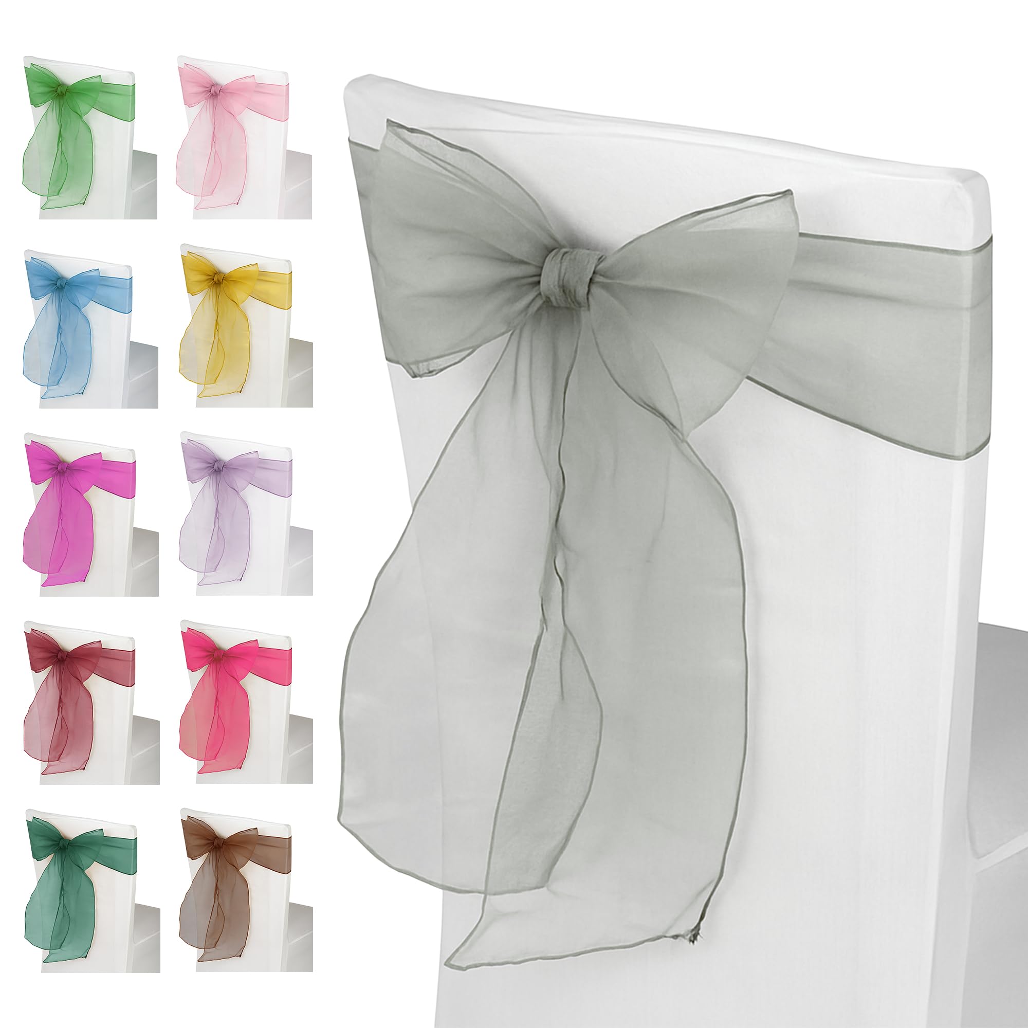 WedDecor Organza Écharpe pour Housses Chaise Fuller Nœud Rubans en Or Ancien pour Banquet, Anniversaire, Anniverysary, Noël Fêtes,Événement Décoration,17cm x 280cm - Argent