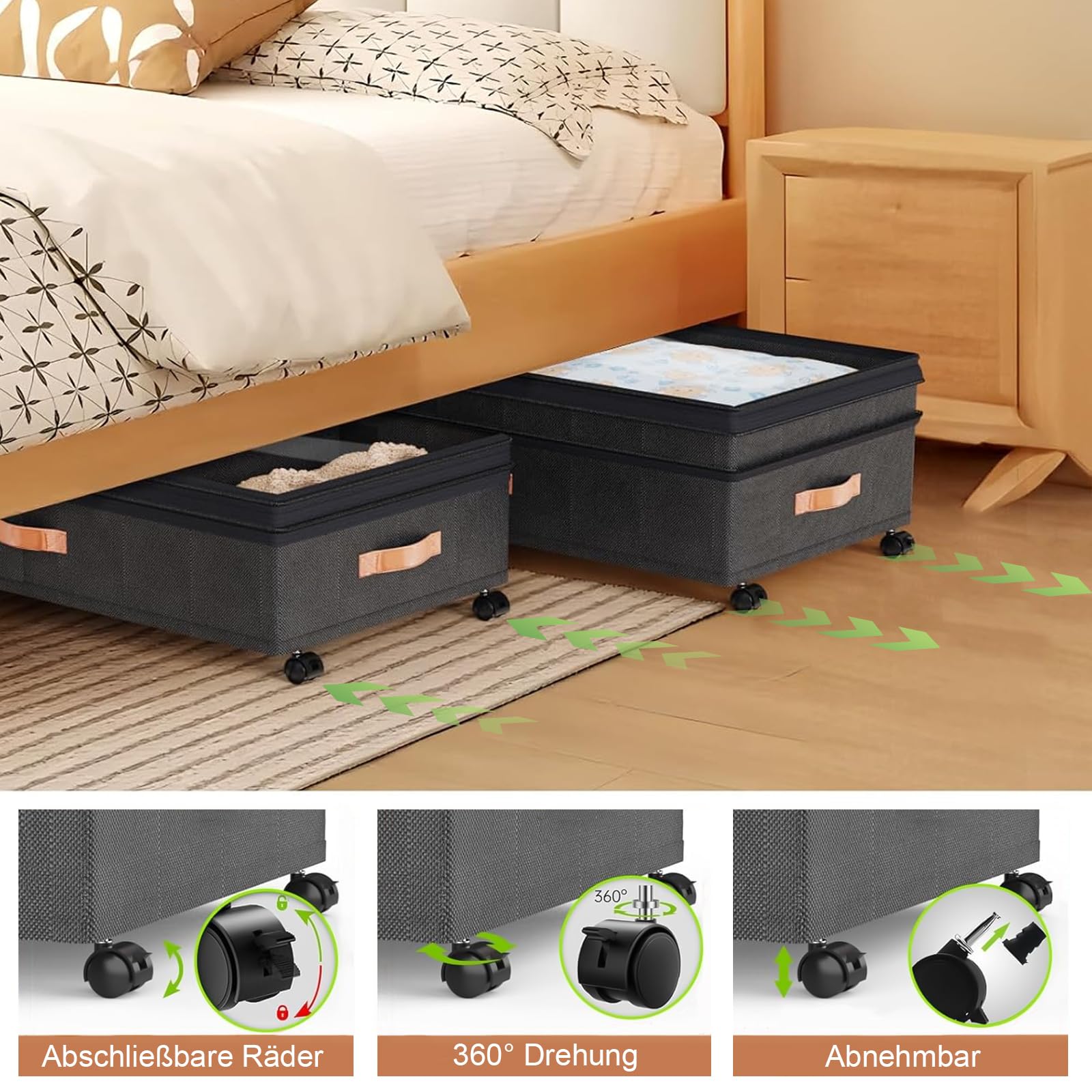 Lot de 2 boîtes de rangement sous le lit avec roulettes et couvercle, cadre en métal, pliable, pour vêtements, chaussures, couvertures, linge de lit