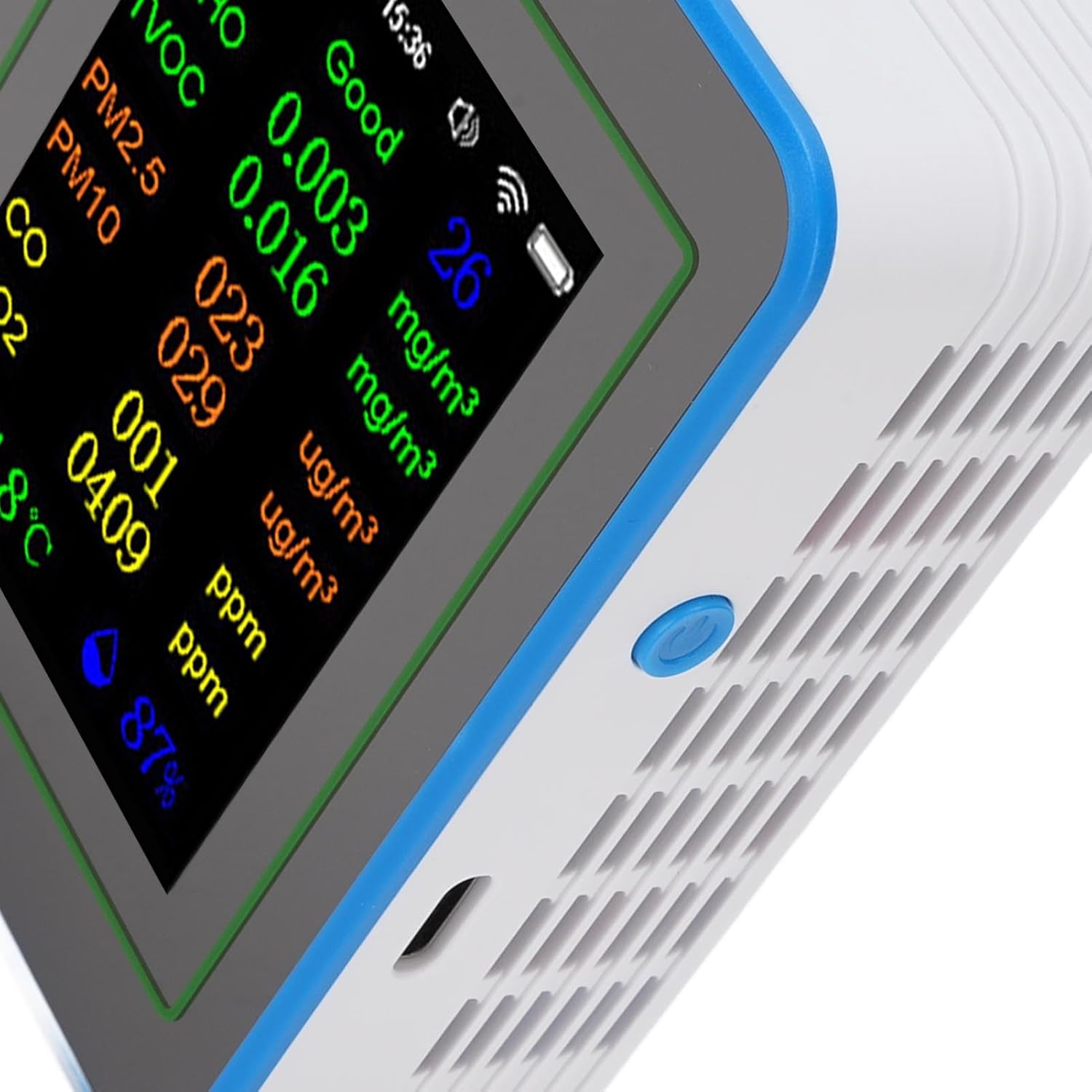 Air Quality Meter, 12 in 1 WiFi CO2 TVOC HCHO Temp Humidity PM2.5 PM10 Monitor with Smart APP Real Time Data, for Indoor Home Office (White and Blue)