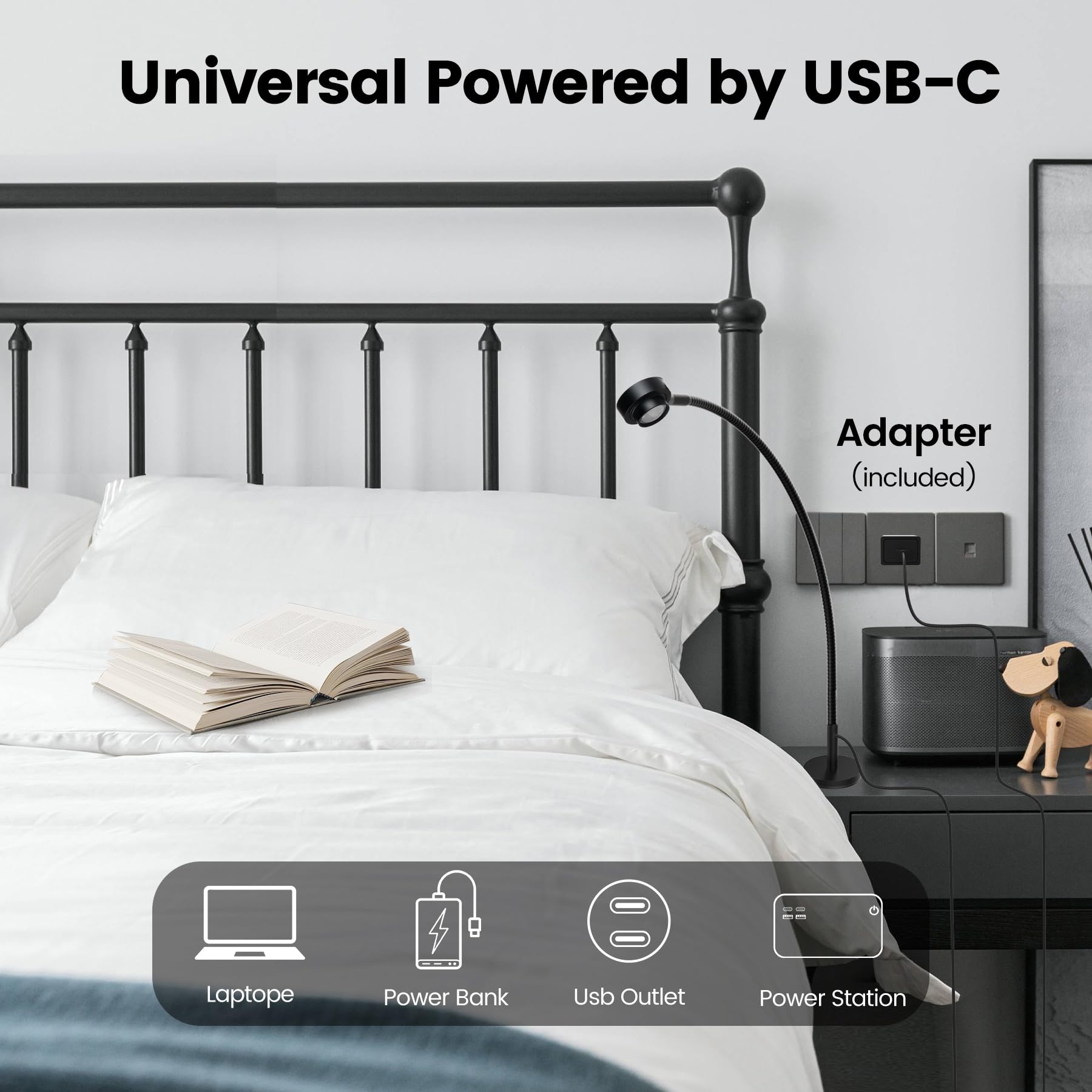 Luz de lectura flexible magnética, 3 colores de luz regulables, cuello de cisne, luz LED para lectura, trabajo, estudio, manualidades, regalos para amantes de los libros, adaptador USB-C CRI95