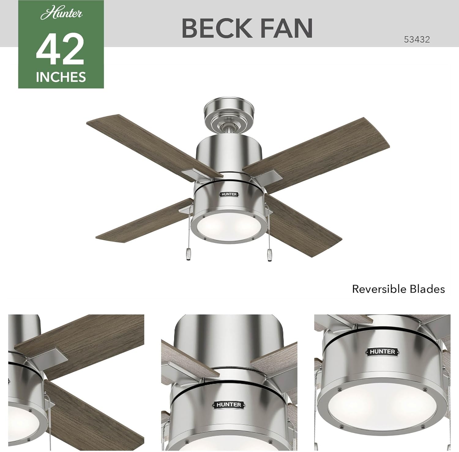 Hunter 42 inch Indoor Ceiling Fan with LED Light - Ceiling Fan with Pull Chain, For Bedroom, Living Room, or Kitchen, Standard Mount, No Remote, 4 Blades - Beck 53432, Brushed Nickel