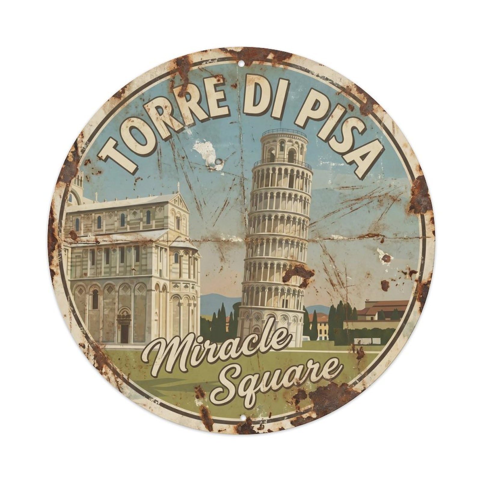 Vintage Travel Leaning Tower Pisa 3 Metal Tin Sign Plaque Wall Decor for Cafe, Club, Garden Round Metal Poster 8x8Inch