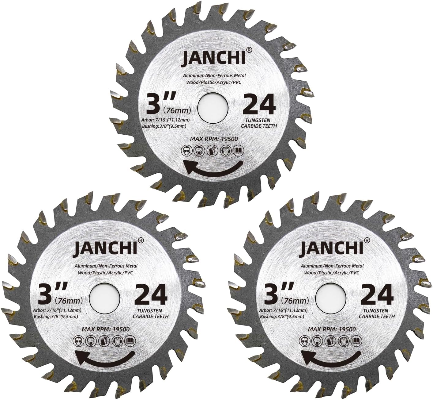 3Pack 3 Inch 24T Carbide Circular Saw Blade for Cuts Woods, Plastic, PCV, Acrylic, Aluminum, 7/16" Arbor Compatible with All Dremel Saw-MAX, Ultra-Saws, RotoZip Saws, Rigid 3" Multi-Material Saw