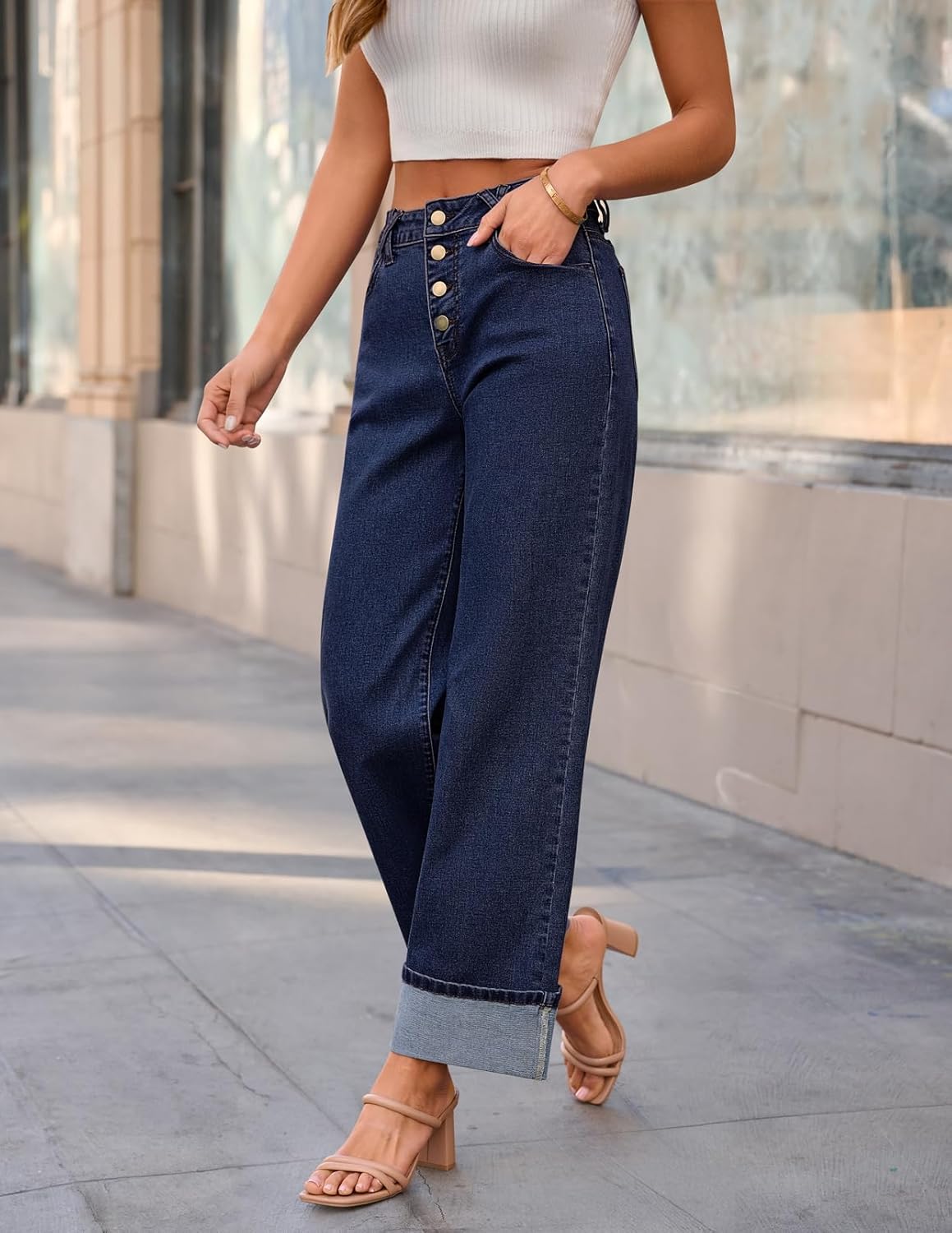 MEROKEETY Wide Leg Jeans Women 2026 Baggy Trendy Mid Rise Button Fly Straight Leg Turned-up Hem Denim Pants with Pockets