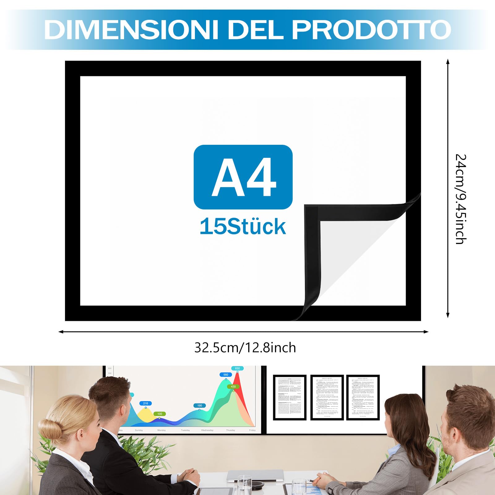 15 Pezzi Cornice Magnetica A4 Autoadesiva, Cornici Magnetiche in PVC, Cornice Cambiabile Riutilizzabile per Foto, Documenti, Schede Informativi e Pubblicità (Nero)