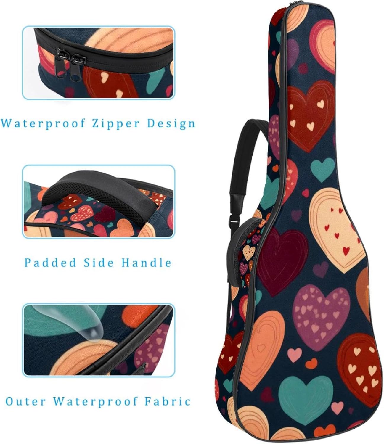 Acoustic Guitar Gig Bag 1 cm Thick Padding, Waterproof Electric Guitar Bag 40-42 Inch Guitar Case Backpack with Dual Shoulder Strap, Seamless Hearts Pattern