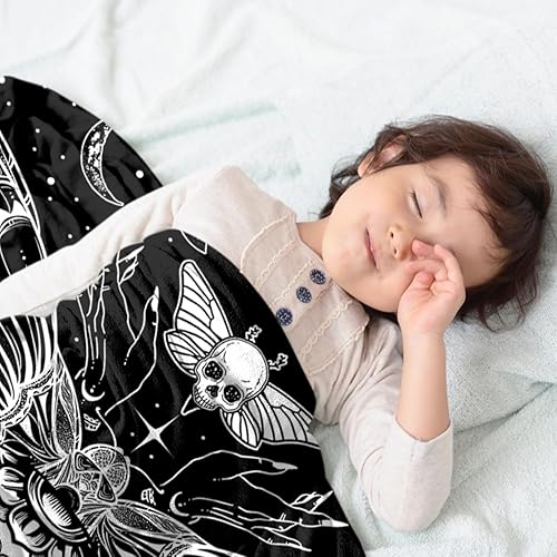 Miniatura 2 de Manta de franela de Halloween con diseño de flores y calavera, color negro, suave, ligera, acogedora, de felpa, gótica, para Halloween, sol y luna,