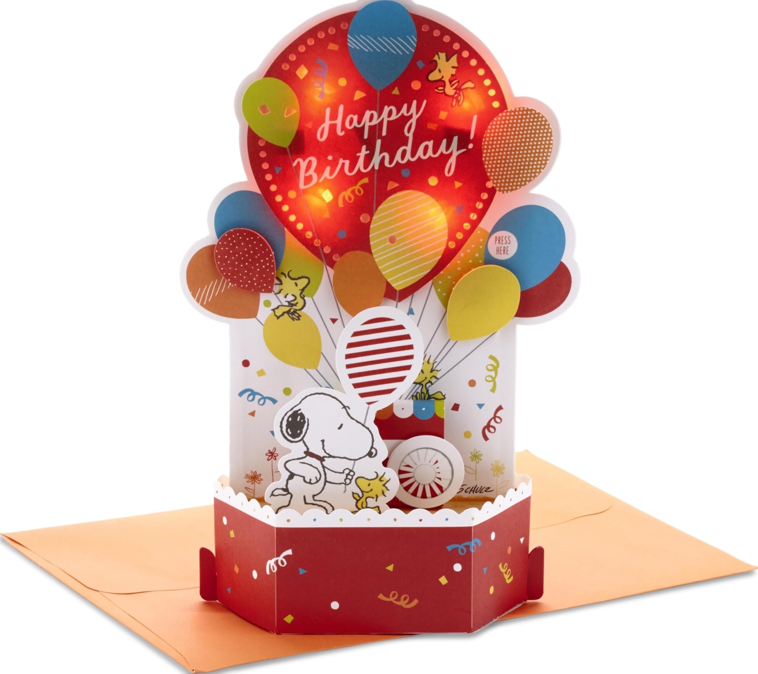 Peanuts Pop Up Birthday Card with Music (Snoopy Birthday Balloons) | Paper Wonder Collection, Three Dimensional Diorama with Woodstock, Coordinating Envelope Included, Measures 6 X 9 in
