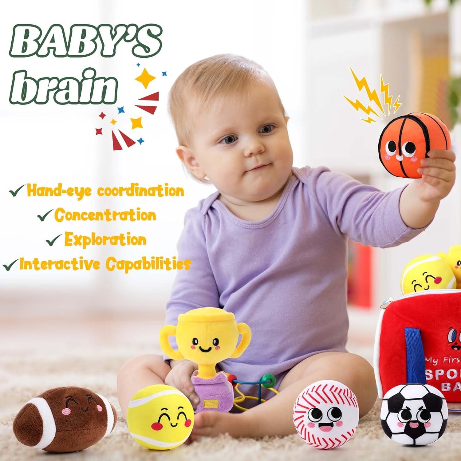 HyDren 7 Pcs My First Sports Bag Plush Toys Playset, Bulit-in Bell Sports Balls and Trophy for Kids Throwing Toys Gift for Boys Girls Early Education