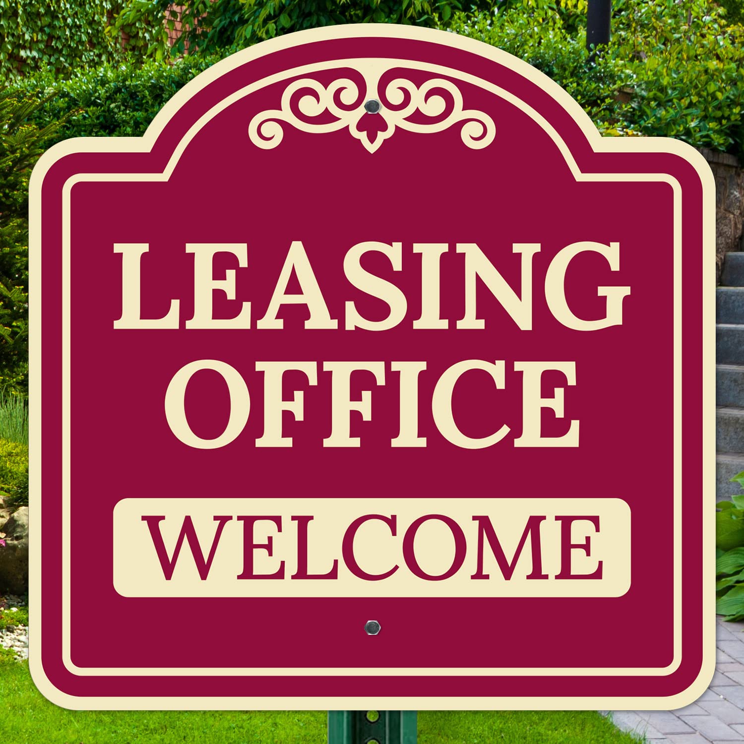 Leasing Office Welcome Decor Sign, Burgundy Dark, 24x24 Inches, ACM, Fade Resistant, Made in USA