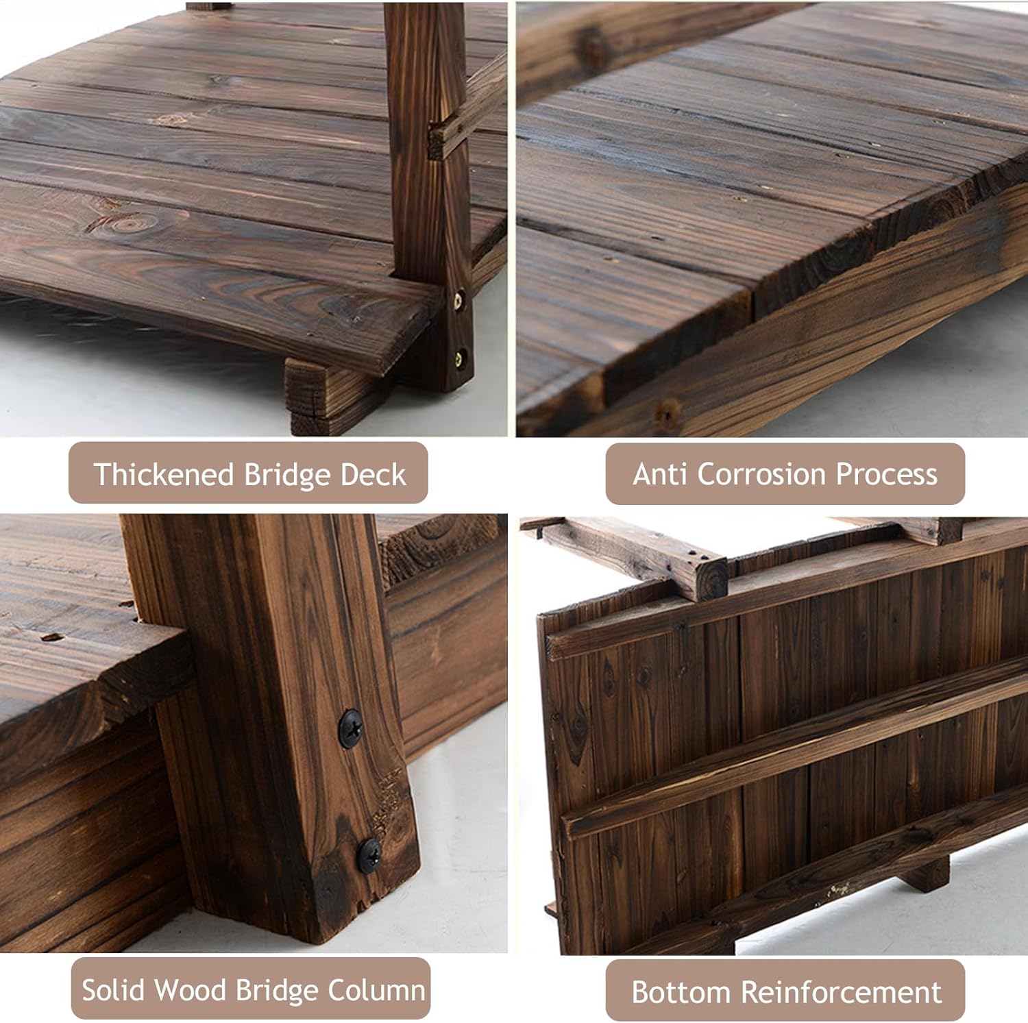 Wooden Garden Bridge, Arch Carbonized Footbridge with Double Safety Rails, Outdoor Decorative Pond Bridge Walkway for Backyard Gravel Road Creek Farm(4.9ft, Carbonized)