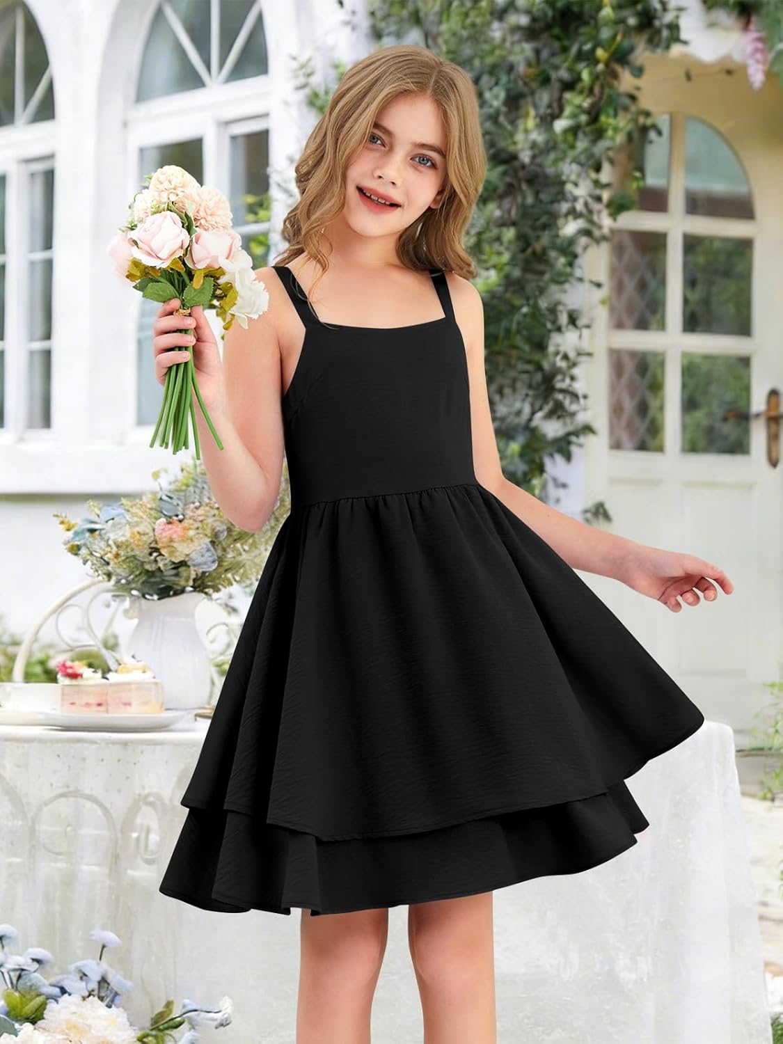 Girls Dress Sundresses Shirred Ruched Tiered Ruffle Swing Flowy Strap Summer Tween Dresses 5-14 Years