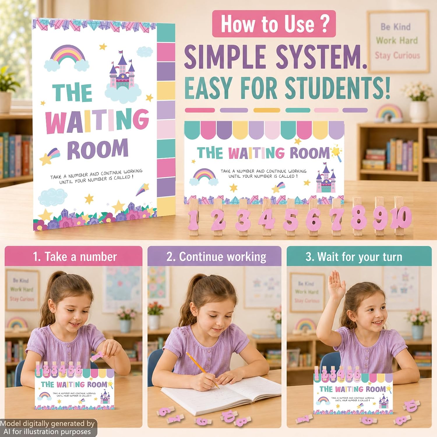 22 Pcs Fairy Tale Classroom Management Waiting Room Clip Chart Waiting Room Poster with Wooden Number Clip for Student Queue Management Teacher Behavior Visual Aid Classroom Must Haves Back to School image 4