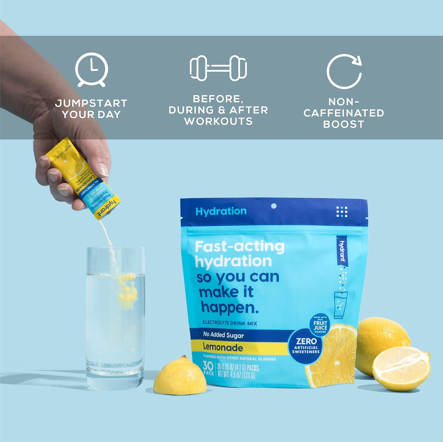 Hydrant Hydrate, No Added Sugar, Electrolyte Powder Rapid Hydration Mix, Hydration Powder Packets Drink Mix, Helps Rehydrate Better Than Water (Lemonade, 30 Count)