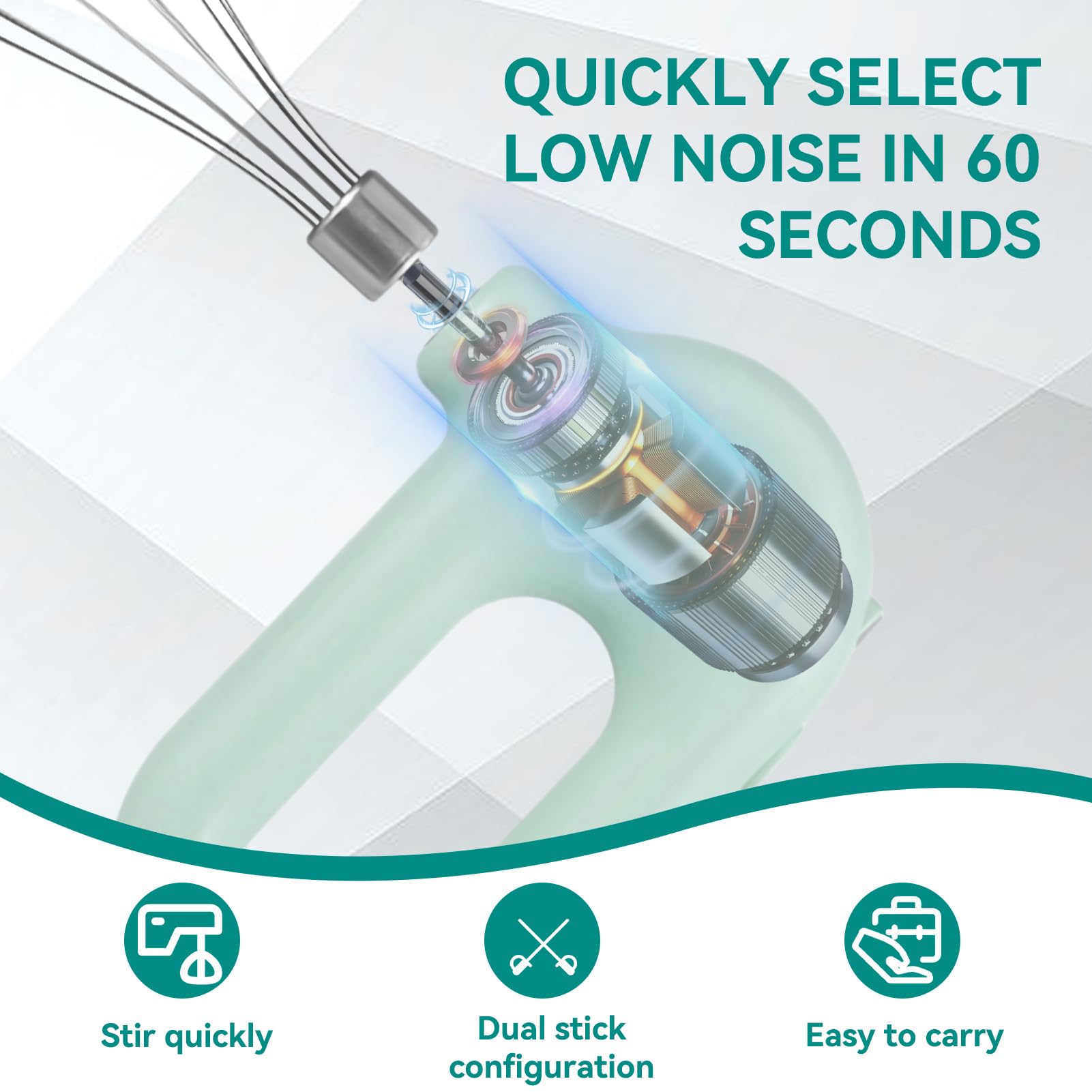 Frullatore manuale ricaricabile senza fili, mini 4 velocità, regolabile, USB, ricaricabile, per whisk a mano, portatile, 1500 mAh, con 2 martelli per uova (verde)
