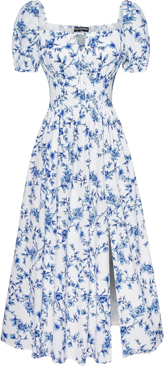 Scarlet Darkness Summer Spring Split Floral Corset Midi Dress with Pockets | Elastic Sleeves, Square Neck, Smocked Back, 3 Boned Waist, Zip & Pockets, Thigh Slit. For Daily, Date, Picnic & Garden Party