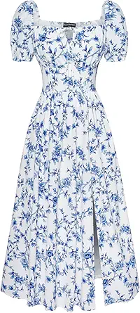 Scarlet Darkness Women's Floral Corset Dress with Split, Summer Spring Square Neck Midi Milkmaid Dress