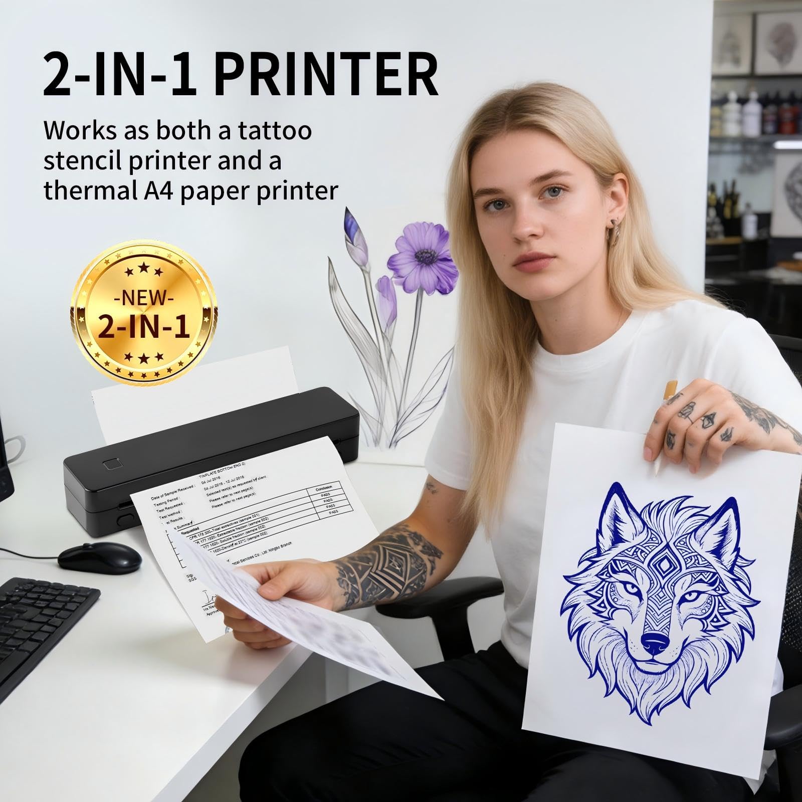 Kit di stencil per tatuaggi - Stampante termica wireless Bluetooth per tatuaggi, carta di trasferimento per tatuaggi temporanei, compatibile con iPhone, Android, PC, per artisti e principianti
