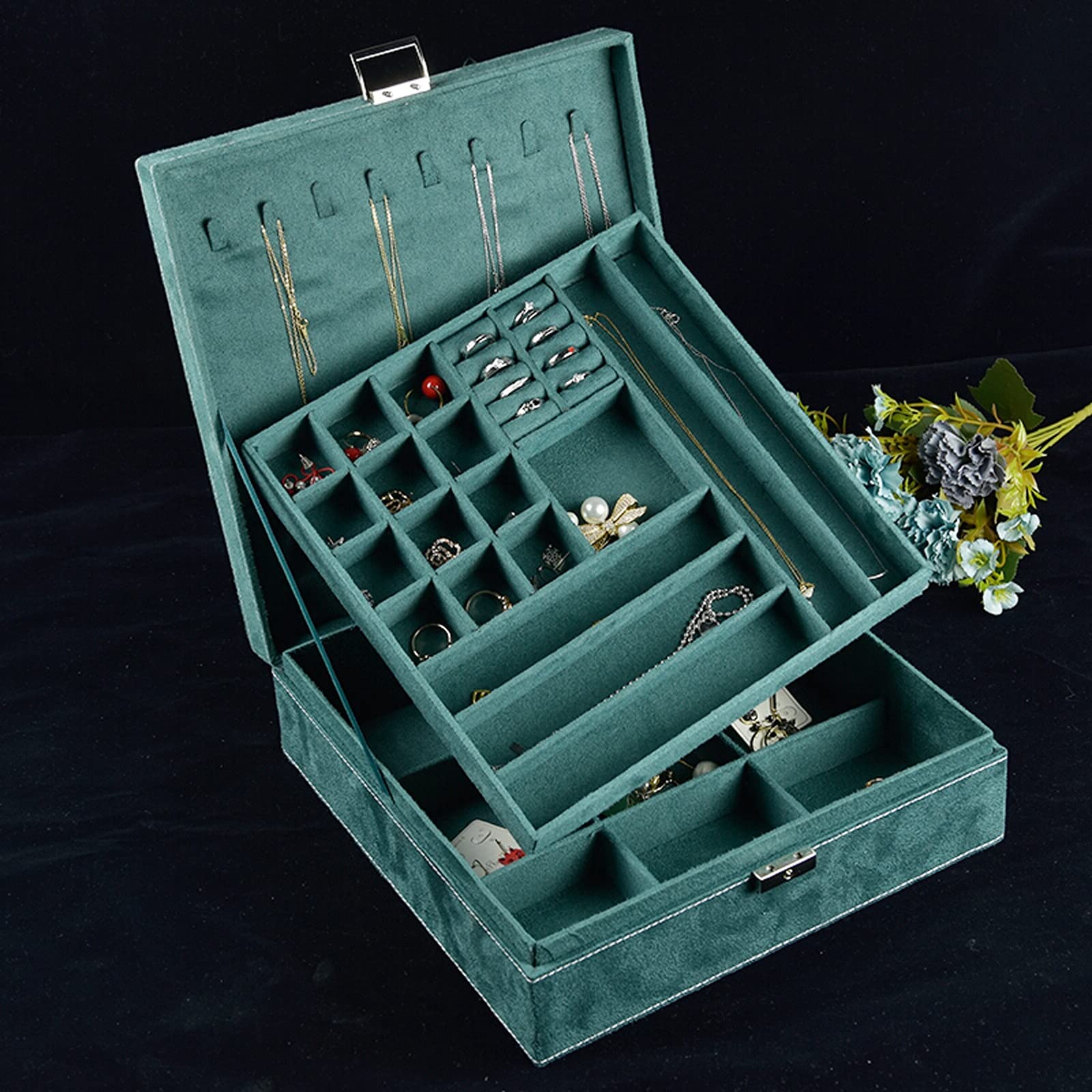 Scatola di Gioielli Box di organizzatore di gioielli a doppio strato DONNA DONNA Flannel Display Display Caso di immagazzinaggio Grande supporto gioielli verdi per orecchini anello collana braccialett