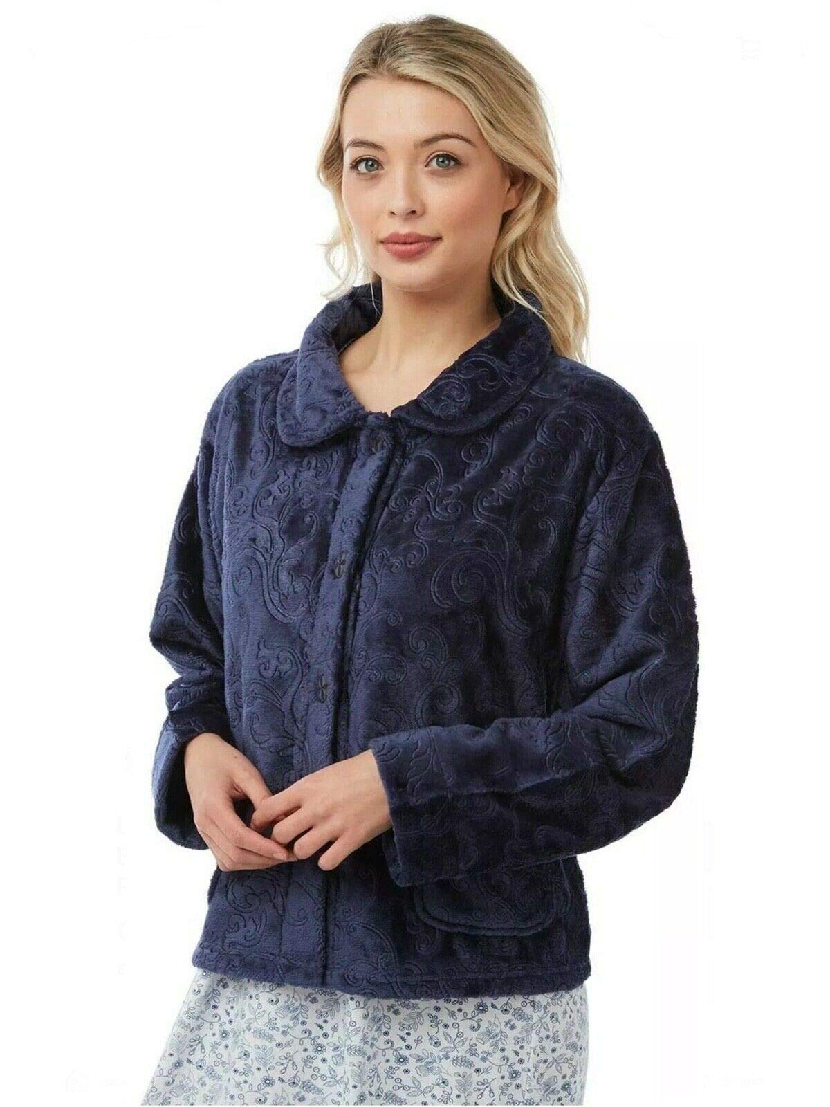 Ozmoint® Ladies Sweet Embrace Soft Feel Button Through Embossed Bed Jackets By Lady Olga (Navy, 14-16)