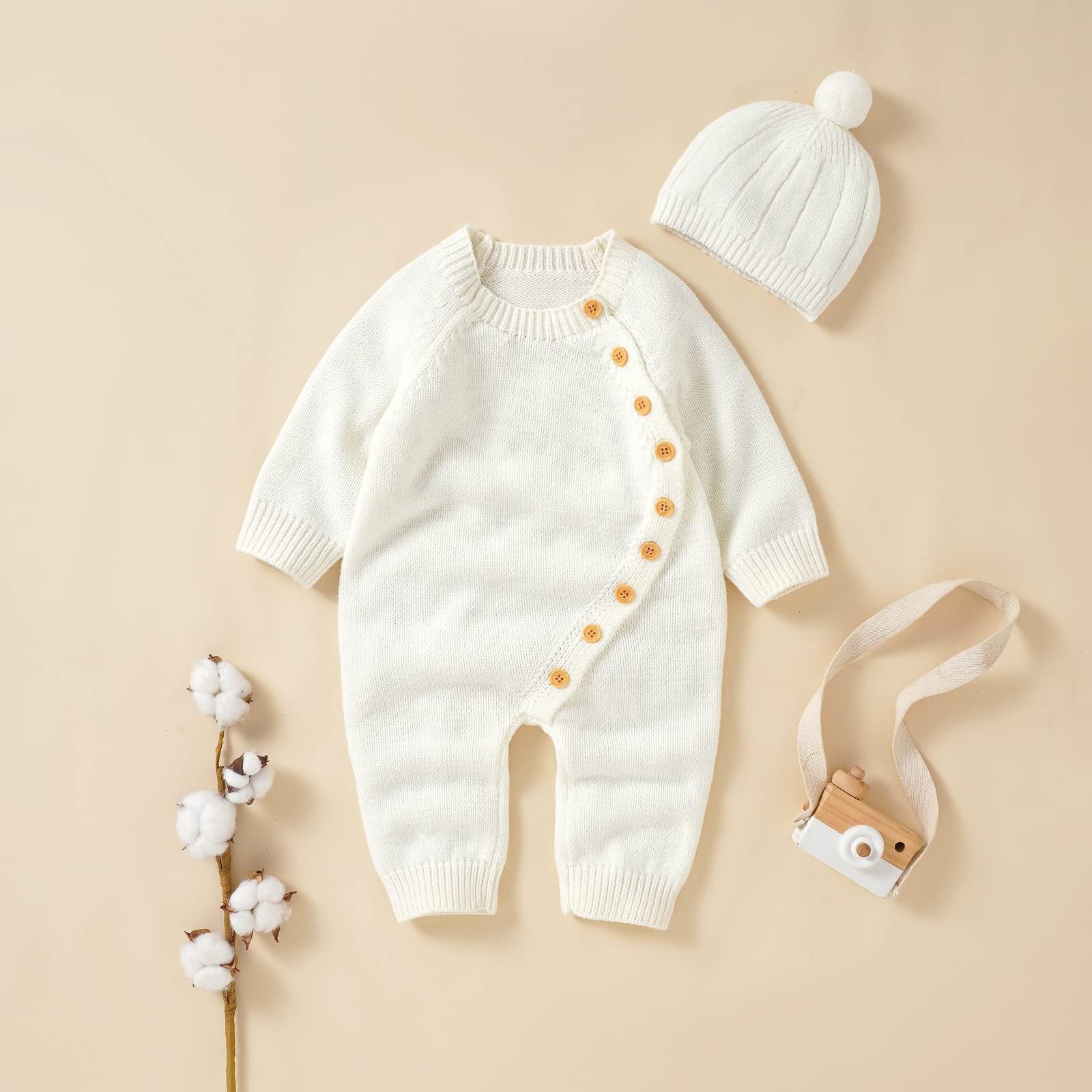 Geogenry Newborn Baby Girls Boys Sweater Jumpsuit Winter Knit Romper Clothes Button Solid Bodysuit Jumpsuit Hat 2pcs Outfit (Creamy White, 0-3 Months)